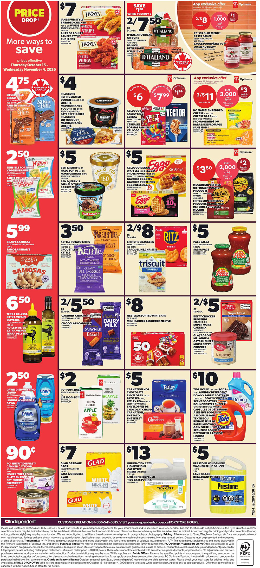 Independent flyer page 2 featuring weekly specials. Save on Janes Pub Style Chicken Strips and Wings for $7. D'Italiano Bread or Buns are 2 for $7.50. Kellogg's Family Size Cereal is $6 (Member Price) or $7.99 (Non-Member Price). Pillsbury Refrigerated Dough is $4. Ben & Jerry's or Halo Top Ice Cream is $5. Eggo Waffles or Eggo Protein Waffles are $5. McCain Superfries or Frozen Potato Products are $3.50 with a 2,000 Optimum points offer when you buy 2. Silver Hills Bread is $4.75. Kettle Potato Chips are 2 for $5.50. Christie Crackers and Triscuit are 2 for $8. Pace Salsa is $5. Terra Delyssa Extra Virgin Olive Oil is $6.50. Cadbury Chocolates and Dairy Milk Biscuits are 2 for $5.50. Nestle Assorted Mini Bars are $8. Betty Crocker Frosting or Super Moist Cake Mix is 2 for $5. Veggie Straws are $2.50. PC 100% Juice is $2. Carnation Hot Chocolate Envelopes and Tetley Tea are $5. Tide Liquid or Pods are $10. Glad Garbage Bags are $7. Purina Tidy Cats Litter is $13. Prestone Windshield Washer Fluid is $5. PC Optimum points offer.