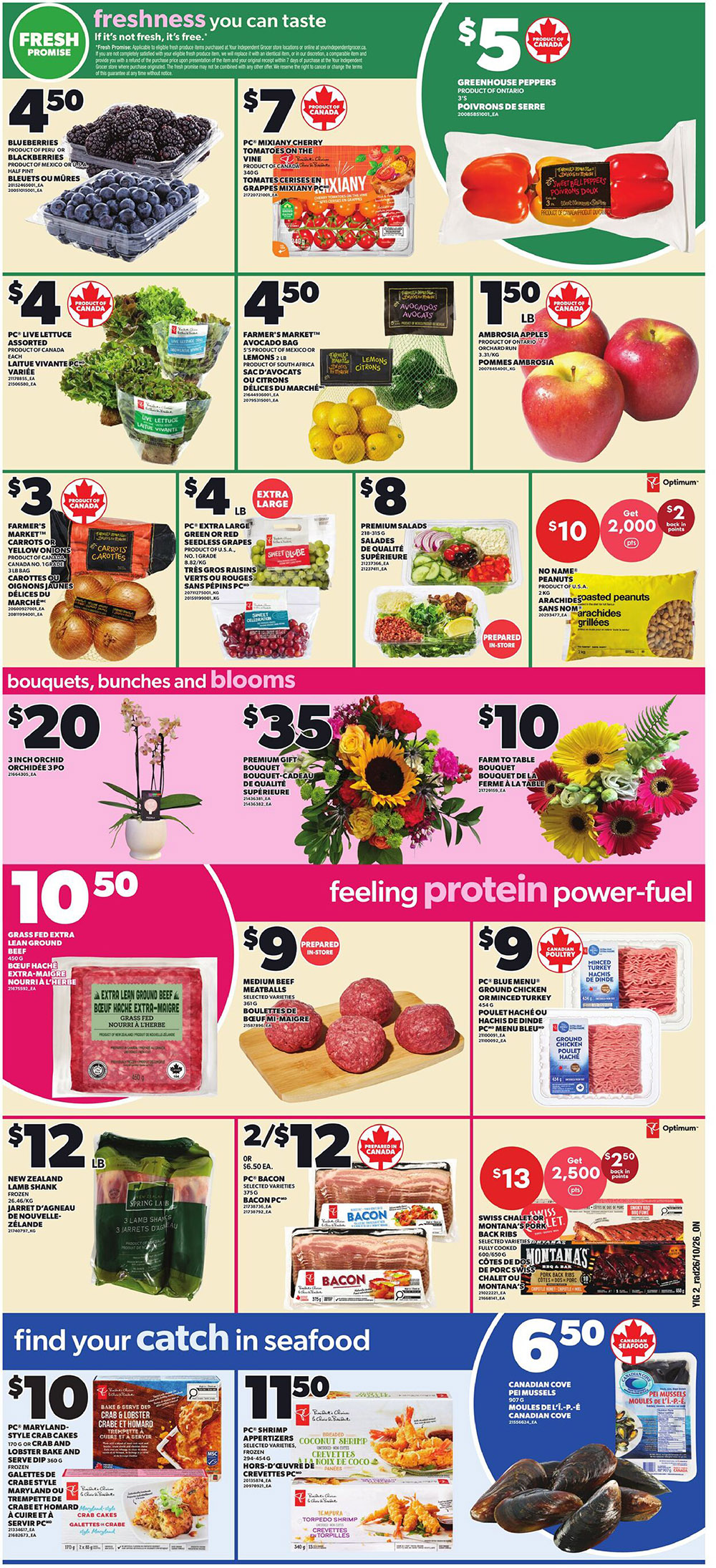Independent flyer page 3 features a variety of fresh produce and protein options. Fresh produce includes blueberries for $4.50, PC Mixiany cherry tomatoes on the vine for $7, greenhouse peppers for $5, PC Live lettuce for $4, Farmer's Market avocado bag with lemons for $4.50, Ambrosia apples for $1.50 per pound, Farmer's Market carrots or yellow onions for $3, PC Extra Large green or red seedless grapes for $4 per pound, and premium salads for $8. Floral arrangements include a 3-inch orchid for $20, a premium gift bouquet for $35, and a farm to table bouquet for $10. Protein options include grass-fed extra lean ground beef for $10.50, medium beef meatballs for $9 (prepared in-store), PC Blue Menu ground chicken or minced turkey for $9, New Zealand lamb shank for $12 per pound, PC Bacon for 2 for $12, and Swiss Chalet or Montana's pork back ribs for $13 with a bonus of 2,500 Optimum points. Seafood specials include PC Maryland-style crab cakes for $10, PC Appetizers coconut shrimp or tempura torpedo shrimp for $11.50, and Canadian Cove PEI mussels for $6.50.