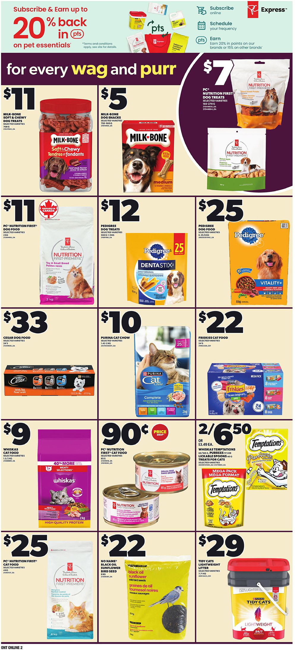 Independent flyer page 9 features a wide selection of pet essentials. Save on Milk-Bone Soft & Chewy Dog Treats for $11, and Milk-Bone Dog Snacks for $5. PC Nutrition First Dog Food is available for $11. Pedigree Dentastix Dog Treats are $12, and Pedigree Vitality+ Dog Food (8kg) is $25. Cesar Dog Food (24's) is $33. Purina Cat Chow (1.42-2kg) is $10, and Friskies Cat Food (24's) is $22. Whiskas Cat Food (1.5/2kg) is $9. PC Nutrition First Cat Food (85g cans) are 2 for $0.90 with a price drop. Whiskas Temptations for cats are 2 for $6.50 or $3.49 each. PC Nutrition First Cat Food (4kg) is $25. No Name Black Oil Sunflower Bird Seed (9kg) is $22. Tidy Cats Lightweight Litter (7.71kg) is $29. The page also promotes subscribing and earning up to 20% back in pts on pet essentials.
