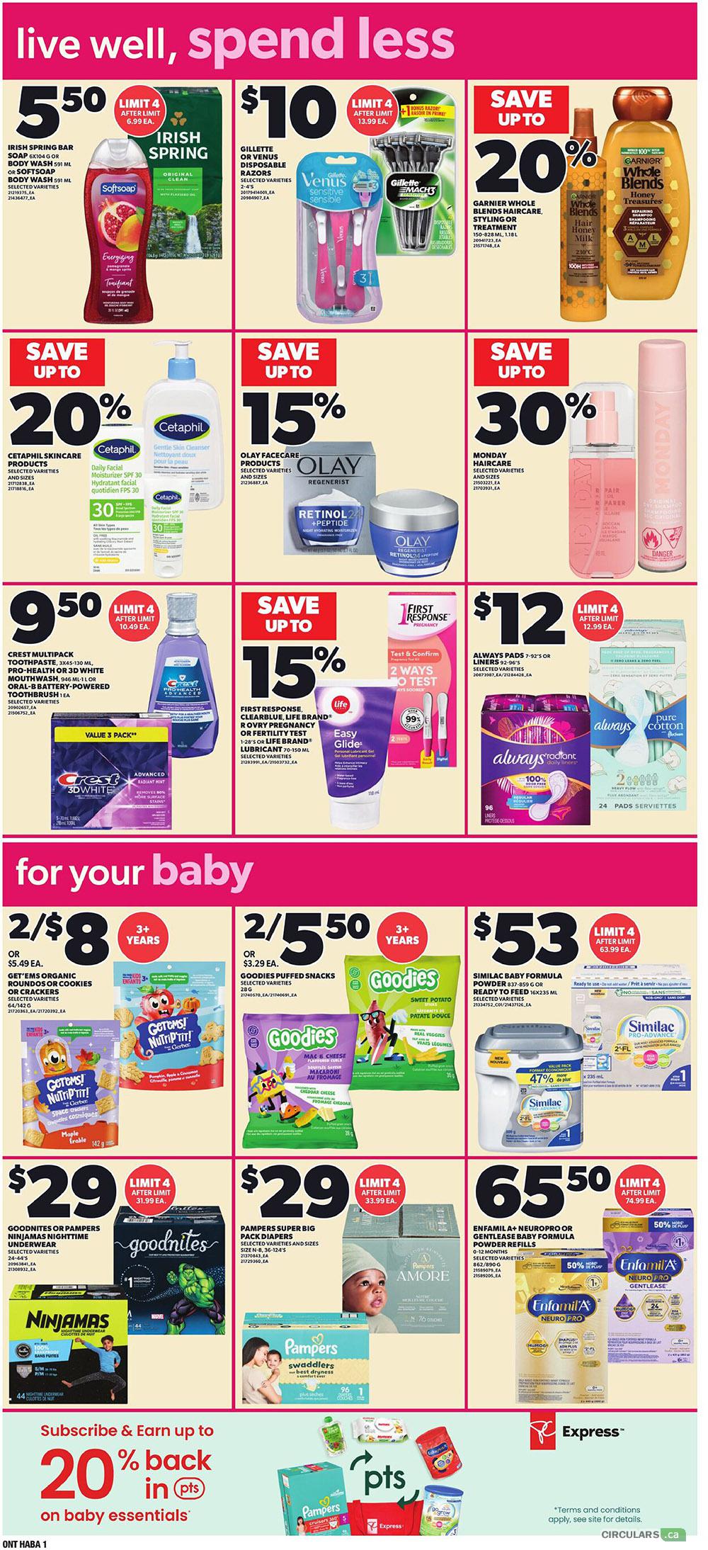 Independent flyer page 10 features a 'live well, spend less' theme with various deals. Top row includes Irish Spring Bar Soap or Softsoap Body Wash for $5.50, Gillette Venus disposable razors for $10, Garnier Whole Blends Haircare for up to 20% off, and Cetaphil Skincare Products for up to 20% off. Middle row offers Olay Facecare Products for up to 15% off, Monday Haircare for up to 30% off, Crest Multipack Toothpaste, Mouthwash, or Oral-B Battery-Powered Toothbrush for $9.50, and First Response Pregnancy or Fertility Test and Lubricant for up to 15% off. The bottom section is dedicated to baby essentials. Get 'ems Organic Rounds or Cookies or Crackers are 2 for $8, Goodies Puffed Snacks are 2 for $5.50, Similac Baby Formula is $53, Goodnites or Pampers Ninjamas Nighttime Underwear are $29, Pampers Super Big Pack Diapers are $29, and Enfamil A+ Neuropro or Gentlease Baby Formula refills are $65.50. A promotion offers up to 20% back in points on baby essentials.