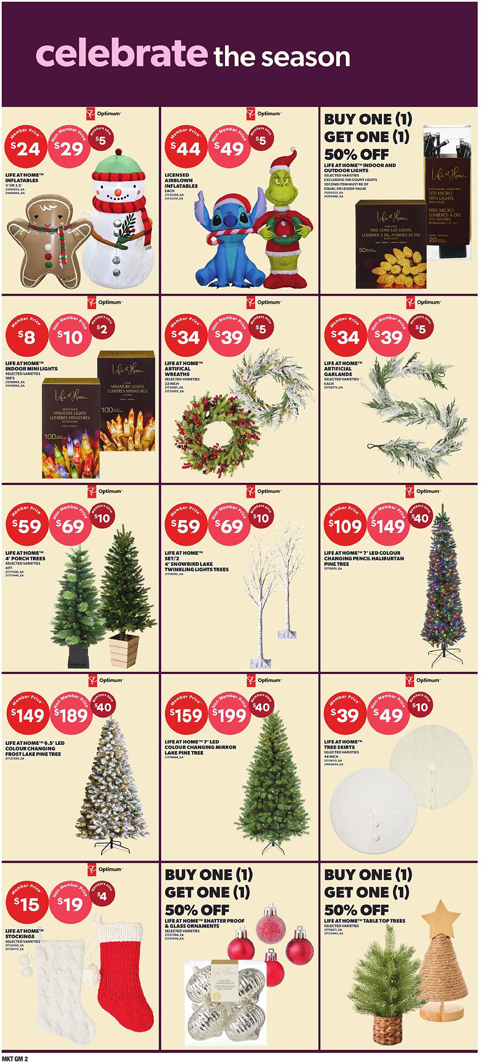 Independent flyer page 11 features holiday decorations. Get LIFE AT HOME™ 3' or 3.5' inflatables, like a gingerbread man and snowman, for a member price of $24 (non-member $29, save $5). Licensed airblown inflatables, including Stitch and The Grinch, are $44 (non-member $49, save $5). LIFE AT HOME™ indoor mini lights are $8 (non-member $10, save $2), and 100-count pine cone LED lights are $34 (non-member $39, save $5). Artificial wreaths are $34 (non-member $39, save $5), and artificial garlands are also $34 (non-member $39, save $5). Choose from LIFE AT HOME™ 4' porch trees for $59 (non-member $69, save $10) or 4' snowbird lake twinkling lights trees for $59 (non-member $69, save $10). Light up your home with a LIFE AT HOME™ 6.5' LED colour changing frost lake pine tree for $149 (non-member $189, save $40) or a 7' LED colour changing mirror lake pine tree for $159 (non-member $199, save $40). A LIFE AT HOME™ 7' LED colour changing pencil Haliburton pine tree is $109 (non-member $149, save $40). Stockings are $15 (non-member $19, save $4). Buy one, get one 50% off on LIFE AT HOME™ shatterproof & glass ornaments. Also, buy one, get one 50% off on LIFE AT HOME™ table top trees.