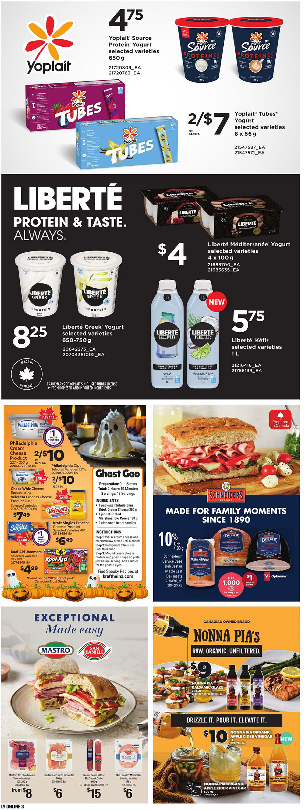 Independent flyer page 14 features Yoplait Source Protein Yogurt at $4.75 and Yoplait Tubes selected varieties 8 x 56g for 2 for $7. Liberté Greek Yogurt selected varieties 650-750g is $8.25, Liberté Méditerranée Yogurt selected varieties 4 x 100g is $4, and Liberté Kéfir selected varieties 1L is $5.75. Philadelphia Cream Cheese 227-250g is 2 for $10, Philadelphia Dips selected varieties 227g is 2 for $10, Cheez Whiz Spread 450g and Velveeta Process Cheese Product selected varieties are $7.49. Kraft Singles Process Cheese Singles selected varieties 410g is $6.49. Kool-Aid Jammers selected varieties 10 x 180 mL are $4.99. Schneider's Service Case Deli Best or Maple Leaf Deli meats are 10% off per 100g, with a 'Get 1,000 Optimum Points' offer for every $10 spent. Mastro Trio Sliced Meats selected varieties are from $8, San Daniele Sliced Prosciutto 100g is $6, Hot Salami Chubbs are $15, and San Daniele Mortadella Sliced selected varieties 175g is $6. Nonna Pia's Raw, Organic, Unfiltered products are featured, including a bottle for $9 and Nonna Pia's Organic Apple Cider Vinegar 500 mL for $5. The page also includes a recipe for 'Ghost Goo' using Kraft ingredients.