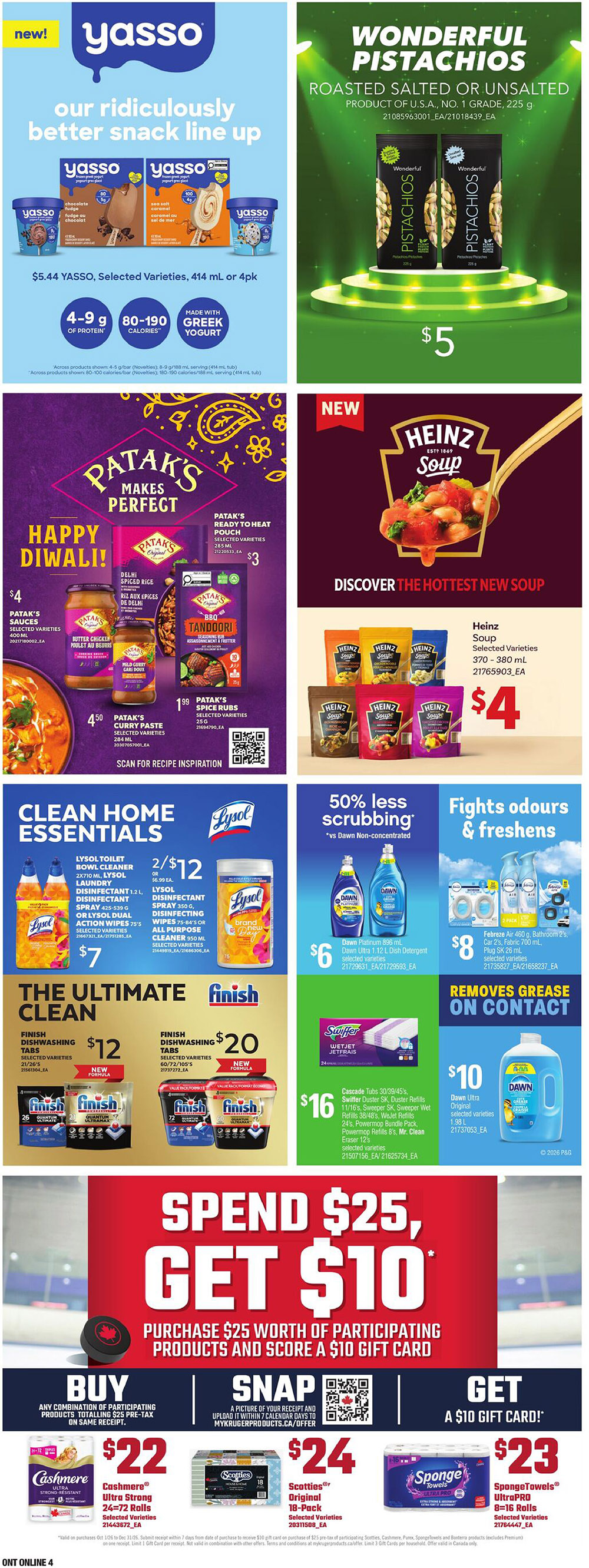 Independent flyer page 15 featuring Yasso Greek yogurt bars and cups for $5.44, Wonderful Pistachios roasted salted or unsalted 225 g for $5, and Patak's Indian food products including sauces for $4, ready to heat pouch for $3, curry paste for $4.50, and spice rubs for $1.99. Also featured are Heinz Soup selected varieties 370-380 mL for $4, Lysol toilet bowl cleaner, disinfectant sprays, and wipes starting at $7, Dawn Platinum dish detergent for $6, Febreze Air and Glade air fresheners for $8, Swiffer WetJet refills for $16, and Dawn Ultra dish soap for $10. Spend $25 on participating products and get a $10 gift card, with offers on Cashmere Ultra Strong toilet paper for $22, Scotties Original 10-pack for $24, and SpongeTowels UltraPRO 8=16 rolls for $23.