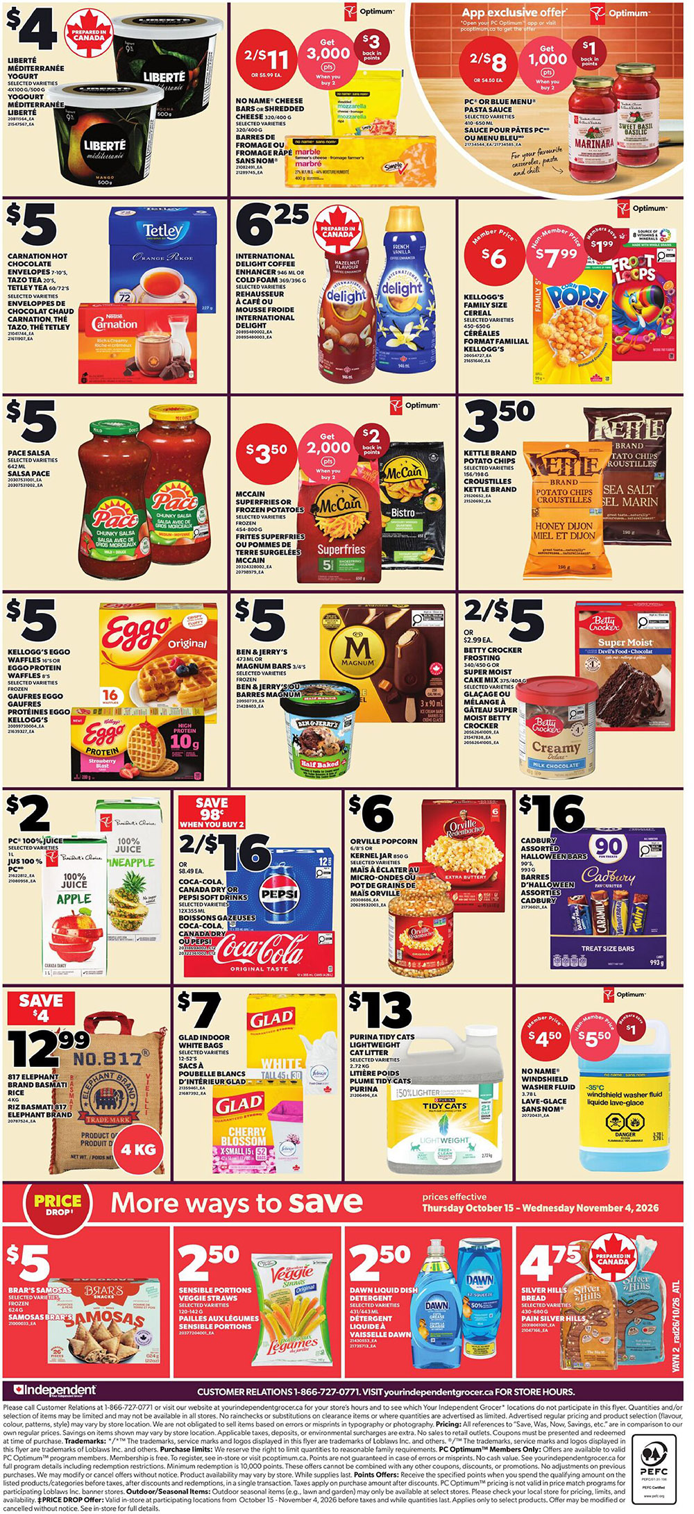 Independent flyer page 2 features a variety of grocery specials. Highlights include Liberté Mediterranean yogurt for $4, No Name shredded cheese for 2/$11 with $3 back in points when you buy 3, and PC or Blue Menu pasta sauce for 2/$8 with $1 back in points when you buy 2. Also featured are Carnation hot chocolate and Tetley tea for $5, International Delight coffee enhancers for $6.25, and Kellogg's Family Size cereal for $6. Pace Salsa is $5, McCain Superfries or frozen potatoes are $3.50 with 2,000 points back when you buy 2, and Kettle Brand potato chips are $3.50. Eggo waffles are $5, Ben & Jerry's or Magnum bars are $5, and Betty Crocker Super Moist cake mix or frosting is 2/$5. PC 100% Juice is $2, Coca-Cola or Pepsi soft drinks are 2/$16, and Orville Redenbacher popcorn is $6. Bitz Elephant Brand Basmati Rice is $12.99, Glad indoor white or cherry blossom fabric softener is $7, and Purina Tidy Cats lightweight cat litter is $13. The 'More Ways to Save' section includes Brar's Samosas for $5, Sensible Portions Veggie Straws for $2.50, Dawn liquid dish detergent for $2.50, and Silver Hills bread for $4.75. Prices are effective Thursday, October 26 to Wednesday, November 4, 2026.