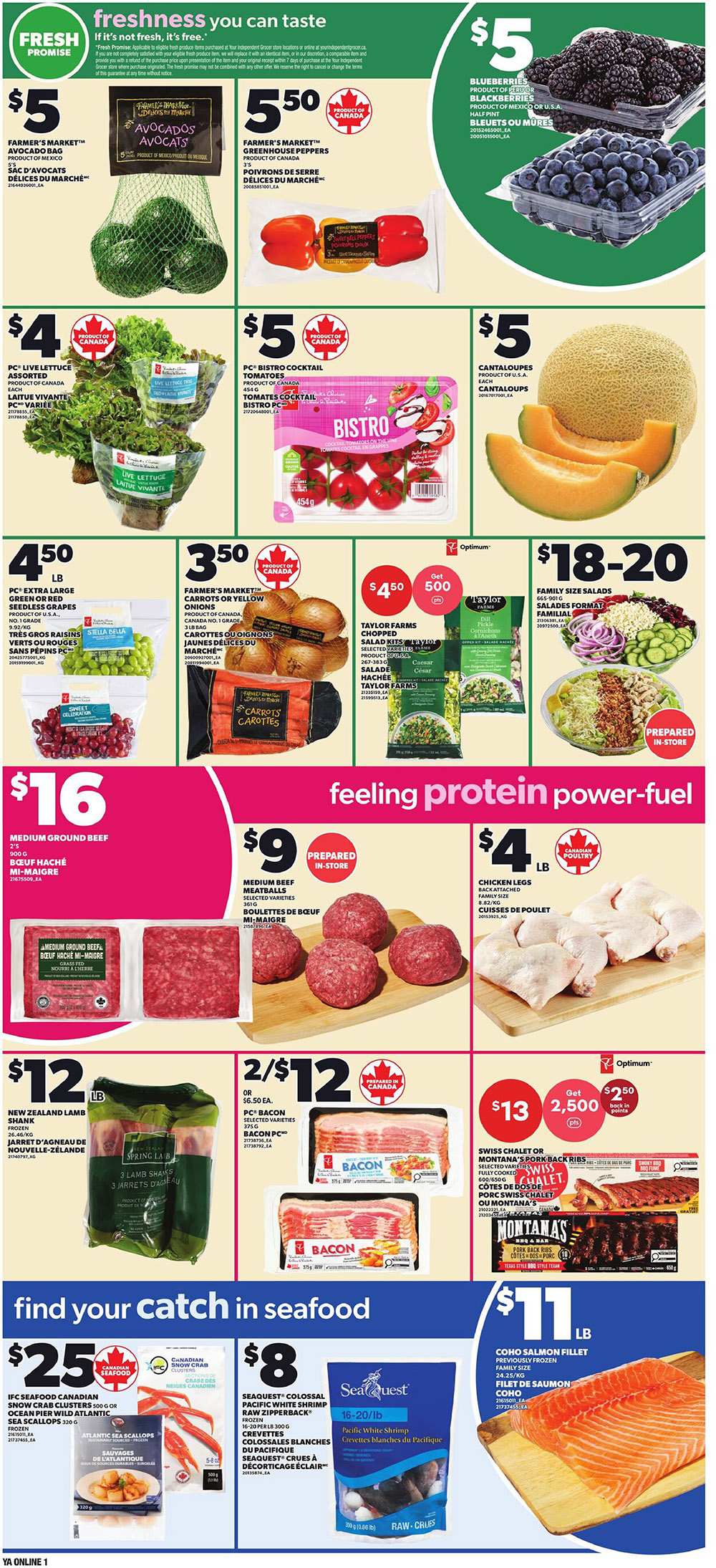 Independent flyer page 3 featuring fresh produce and protein deals. Fresh produce includes Farmer's Market Avocados for $5, Farmer's Market Greenhouse Peppers for $5.50, PC Live Lettuce for $4, PC Bistro Cocktail Tomatoes for $5, Blueberries and Blackberries for $5, Cantaloupes for $5, Green or Red Seedless Grapes for $4.50/lb, and Farmer's Market Carrots or Yellow Onions for $3.50/lb. Taylor Farms Chopped Salad Kits are $4.50 with 500 Optimum points, and Family Size Salads are $18-$20. Protein specials include Medium Ground Beef for $16/2 lbs, Medium Beef Meatballs for $9 (prepared in-store), Chicken Legs for $4/lb, New Zealand Lamb Shank for $12/lb, PC Bacon for 2/$12, Swiss Chalet or Montana's Pork Back Ribs for $13 with 2,500 Optimum points back, and Como Salmon Fillet for $11/lb. Seafood offers include IFC Seafood Canadian Ocean Pier Wild Atlantic Sea Scallops for $25 and SeaQuest Colossal Pacific White Shrimp Raw Zipperback for $8.