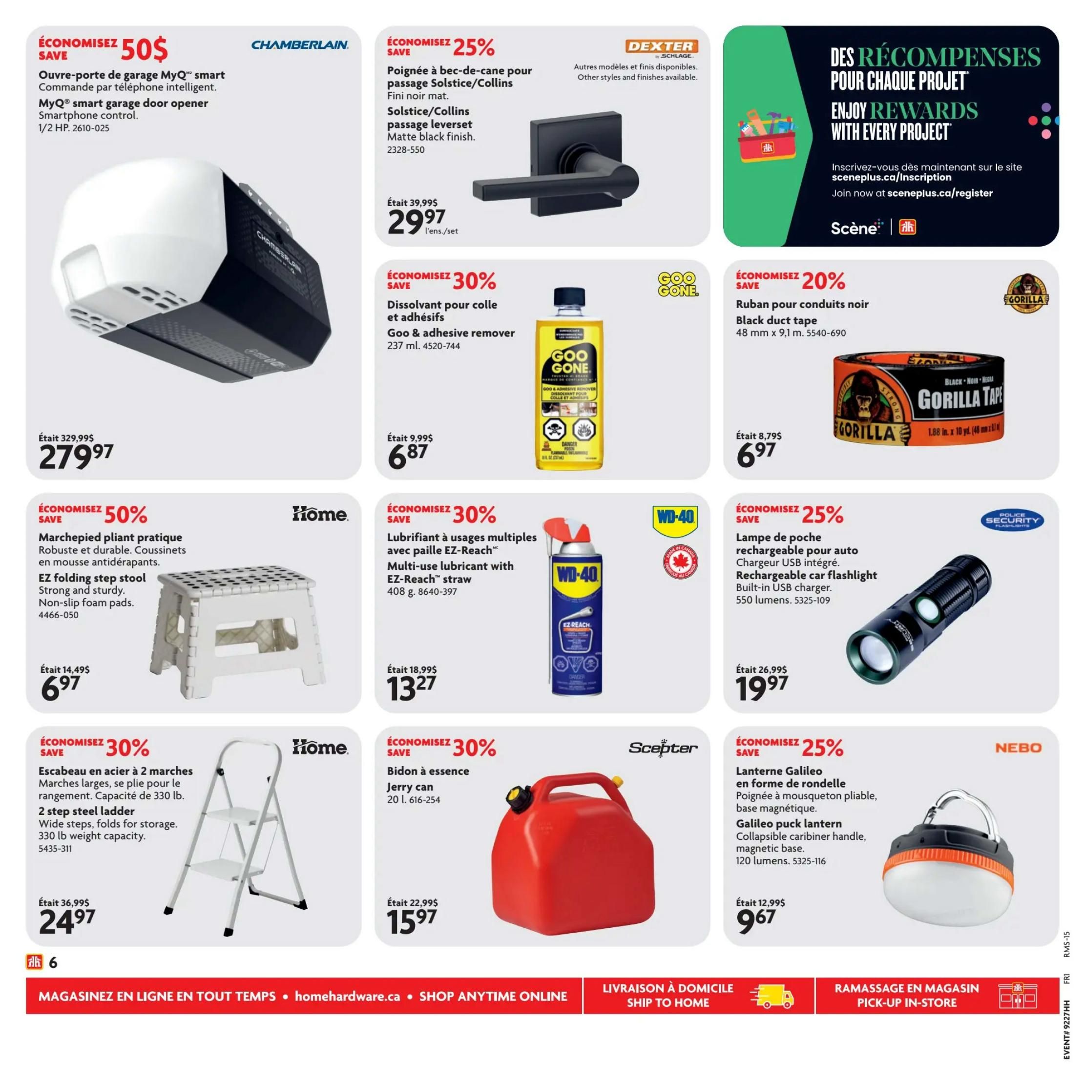 Home Hardware flyer page 9 featuring various home improvement and hardware products. Save $50 on a Chamberlain MyQ smart garage door opener, now $279.97. Save 25% on Solstice/Collins leverseat door handles in matte black finish, now $29.97. Save 30% on Goo & Adhesive Remover, now $6.87. Save 20% on Gorilla black duct tape, 48 mm x 9.1 m, now $6.97. Save 50% on an EZ folding step stool with non-slip foam pads, now $6.97. Save 30% on WD-40 Multi-use lubricant with EZ-Reach straw, now $13.27. Save 25% on a rechargeable car flashlight with USB charger, 550 lumens, now $19.97. Save 30% on a 2 step steel ladder with 330 lb weight capacity, now $24.97. Save 30% on a Scepter 20 L Jerry can, now $15.97. Save 25% on a Nebo Galileo puck lantern with collapsible carabiner handle and magnetic base, 120 lumens, now $9.67. The page also includes a promotion for Scene+ rewards.