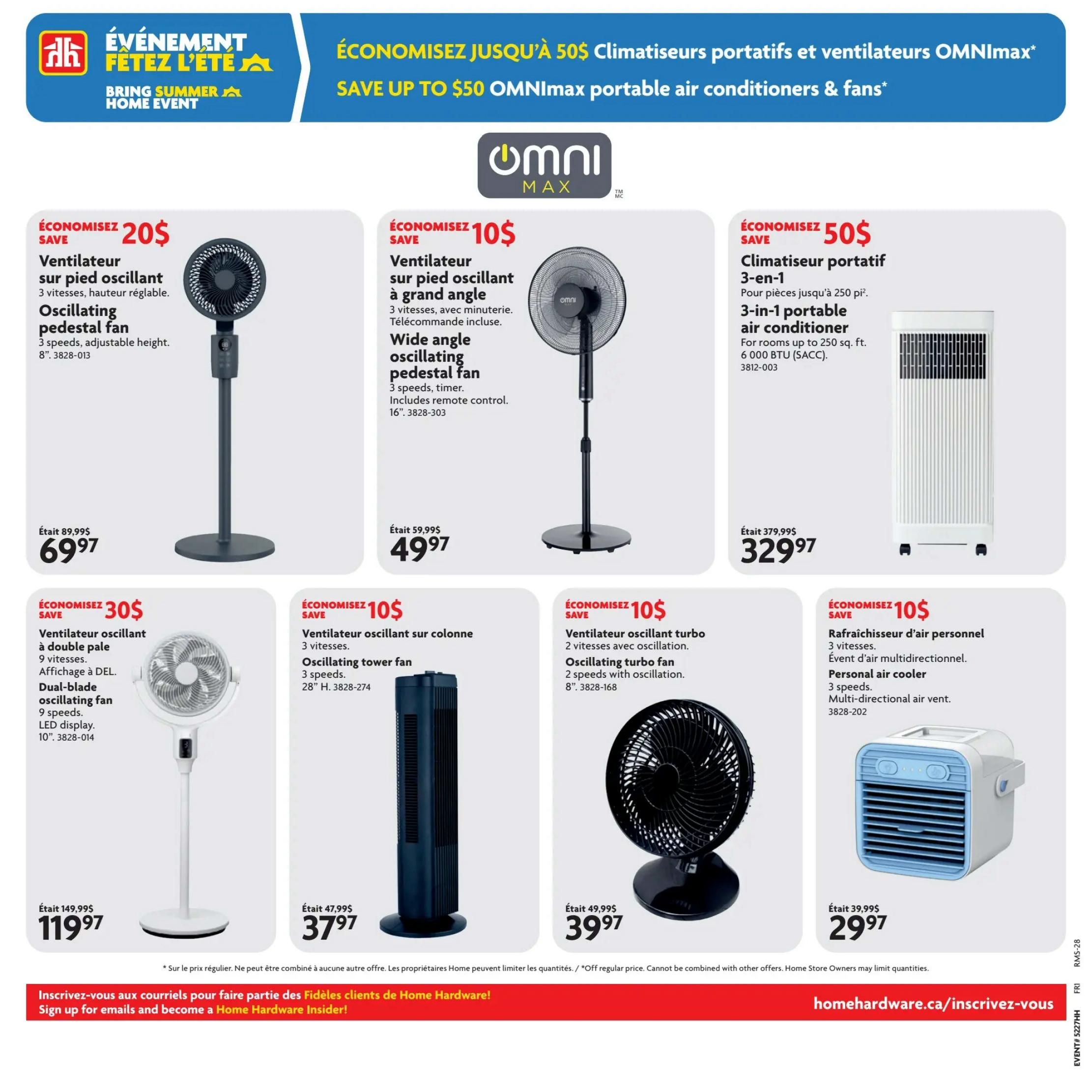 Home Hardware flyer page 12 featuring summer event savings on OMNImax portable air conditioners and fans. Save $20 on an oscillating pedestal fan with 3 speeds and adjustable height, now $69.97. Save $10 on a wide-angle oscillating pedestal fan with 3 speeds and remote control, now $49.97. Save $50 on a 3-in-1 portable air conditioner for rooms up to 250 sq. ft., now $329.97. Save $30 on a dual-blade oscillating fan with 9 speeds and LED display, now $119.97. Save $10 on an oscillating tower fan with 3 speeds, now $37.97. Save $10 on an oscillating turbo fan with 2 speeds, now $39.97. Save $10 on a personal air cooler with 3 speeds and multi-directional air vent, now $29.97. Sign up for emails and become a Home Hardware Insider at homehardware.ca/insrivez-vous.