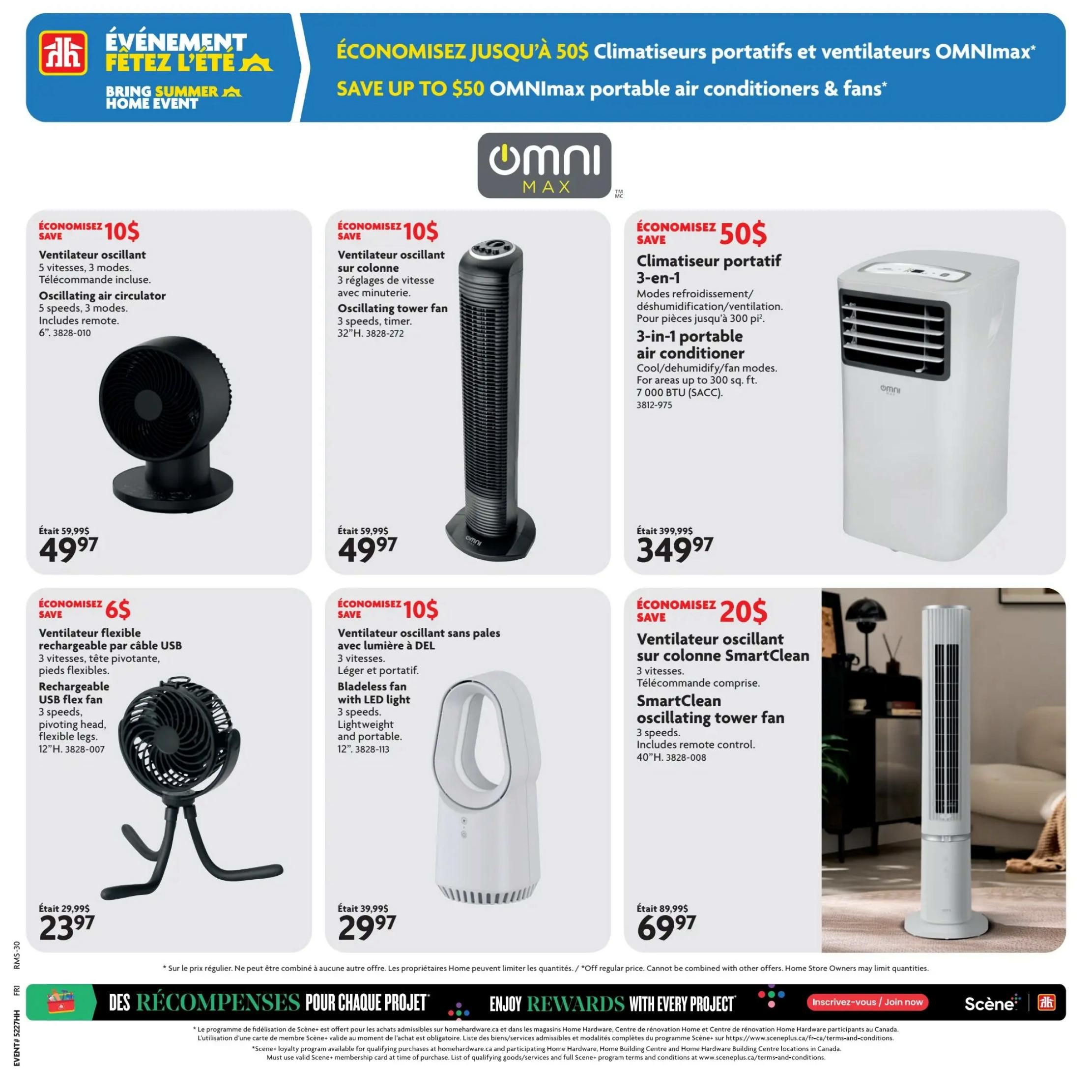 Home Hardware flyer page featuring OMNImax portable air conditioners and fans. Save up to $50 on OMNImax portable air conditioners. Featured products include an oscillating air circulator for $49.97 (save $10), an oscillating tower fan for $49.97 (save $10), and a 3-in-1 portable air conditioner for $349.97 (save $50). Also available are a rechargeable USB flex fan for $23.97 (save $6) and a SmartClean oscillating tower fan for $69.97 (save $20). The bottom of the page highlights 'Enjoy Rewards with Every Project' and information about the Scene+ loyalty program.
