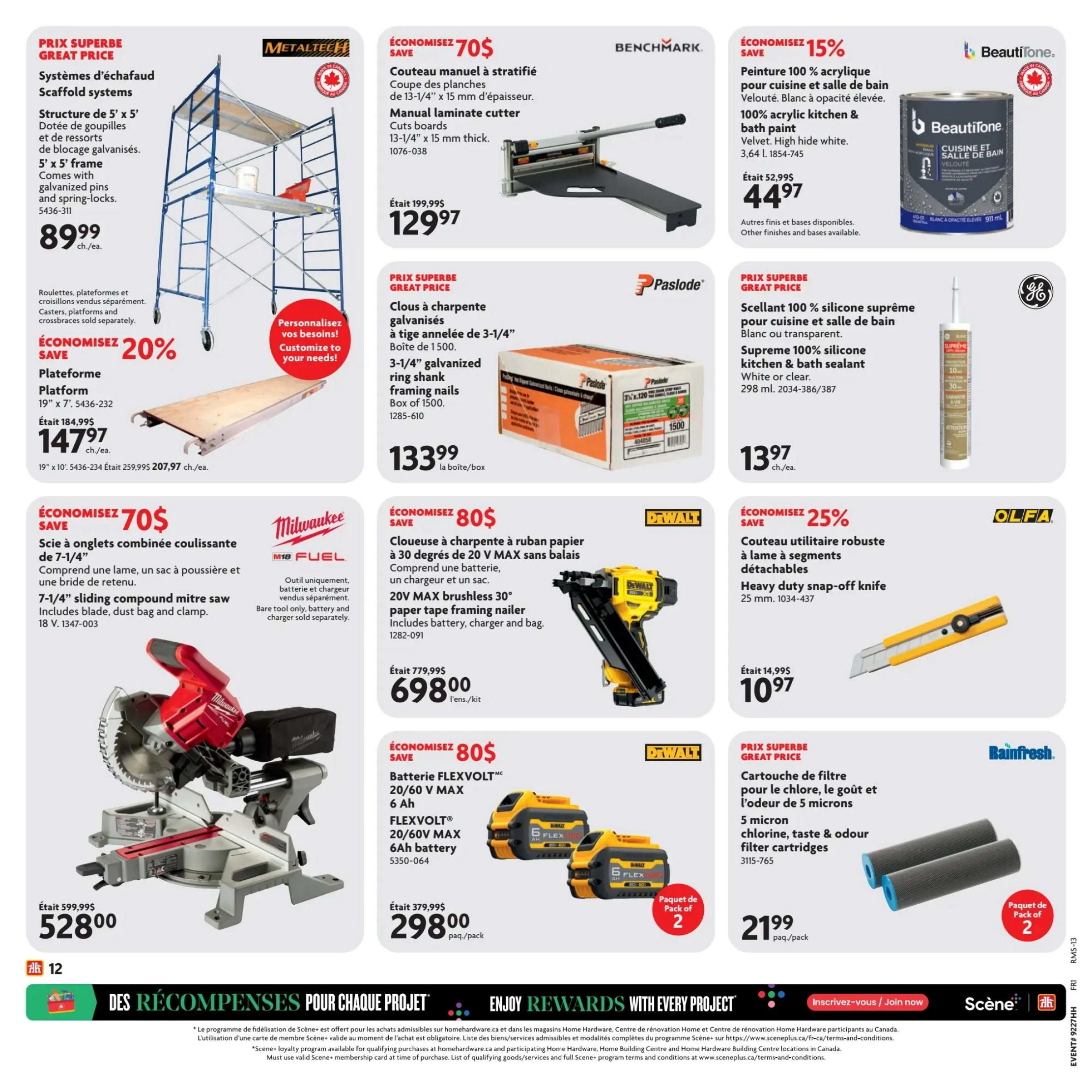 Home Hardware flyer page 17 featuring various home improvement products. Deals include Metaltech scaffold systems for $89.99, a Benchmark manual laminate cutter for $129.97 (save $70), and BeautiTone 100% acrylic kitchen & bath paint for $44.97 (save 15%). Also featured are Paslode 3-1/4' galvanized framing nails for $133.99 per box, and a 19' x 7' Metaltech platform for $147.97 (save 20%). Milwaukee offers a 7-1/4' sliding compound mitre saw for $528.00 (save $70), and DeWalt has a 20V MAX brushless paper tape framing nailer for $698.00 (save $80). Additionally, DeWalt FLEXVOLT 20/60V MAX 6Ah batteries are on sale for $298.00 per pack of 2 (save $80). Olfa presents a heavy duty snap-off knife for $10.97. Finally, Rainfresh 5 micron chlorine, taste & odour filter cartridges are available for $21.99 per pack of 2.