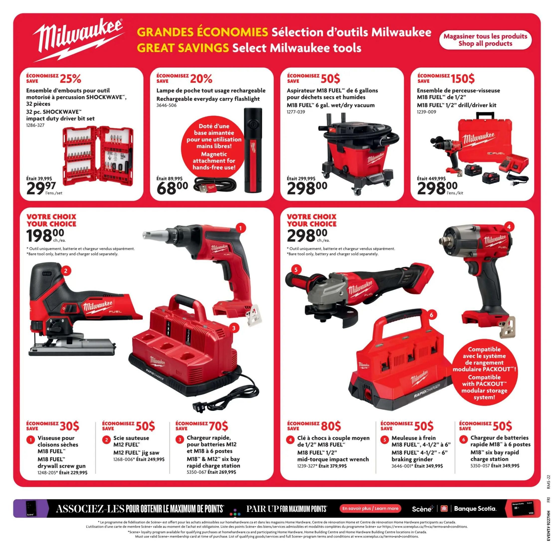 Home Hardware flyer page 18 featuring Milwaukee Great Savings. Top row includes a 32-piece SHOCKWAVE impact duty driver bit set on sale for $29.97 (25% off), a rechargeable everyday carry flashlight for $68.00 (20% off), an M18 FUEL 6-gallon wet/dry vacuum for $298.00 (save $50), and an M18 FUEL 1/2' drill/driver kit for $298.00 (save $150). The middle section showcases 'Your Choice' items: a jigsaw for $198.00 and an impact wrench for $298.00. The bottom row features individual deals: M18 FUEL drywall screw gun for $124.97 (save $30), M12 FUEL jig saw for $199.99 (save $50), M18 & M12 six-bay rapid charge station for $199.99 (save $70), a 1/2' M18 FUEL mid-torque impact wrench for $329.99 (save $80), and an M18 six-bay rapid charge station for $299.99 (save $50). Some items are bare tools only, battery and charger sold separately. The page also promotes Scene+ loyalty program and banking with Scotiabank.