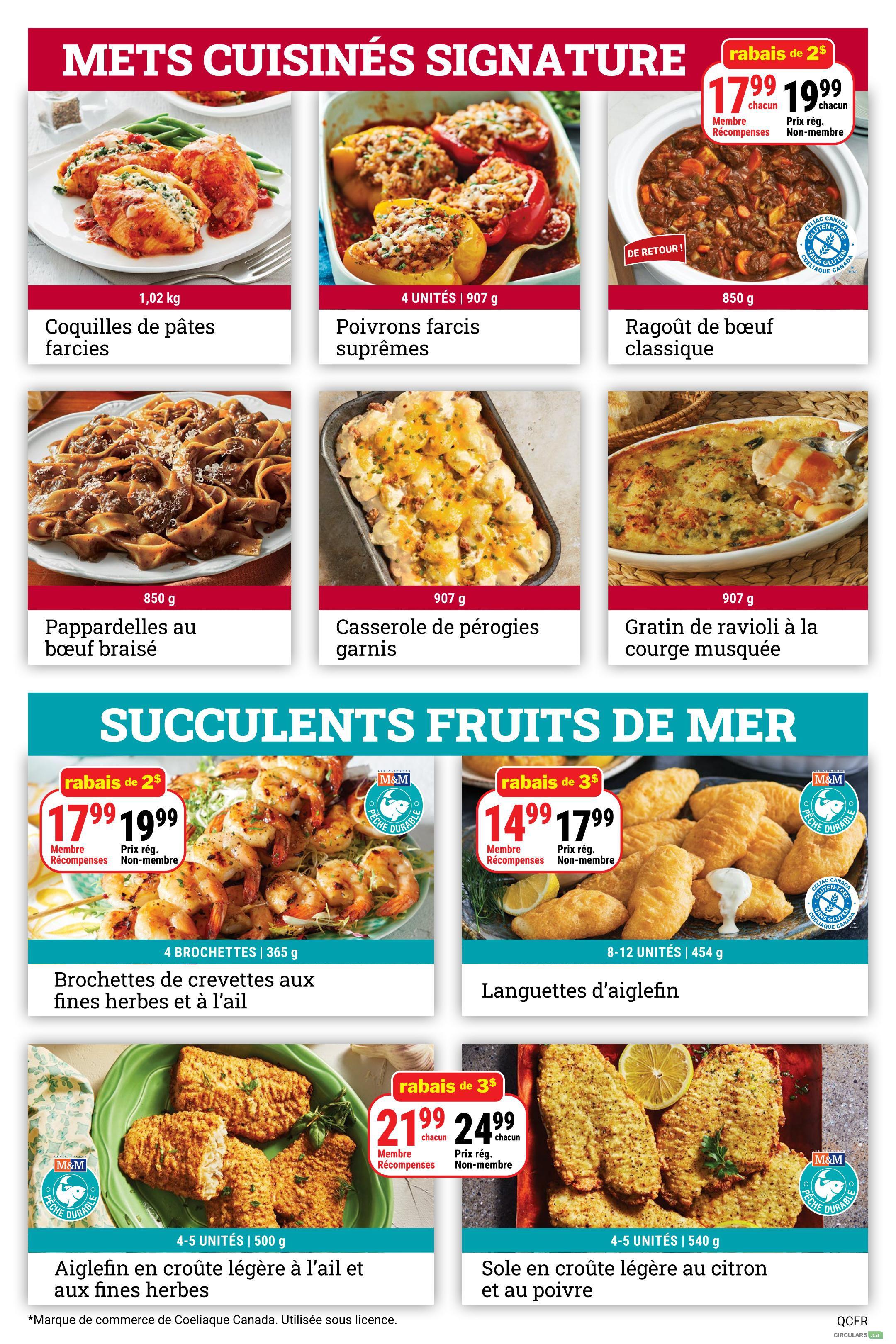 M&M Food Market weekly flyer specials page 4 features 'Signature Prepared Meals' including Stuffed Pasta Shells for $1.02 kg, Supreme Stuffed Peppers for 907 g, Classic Beef Stew (returning item) for 850 g, Beef Braised Pappardelle for 850 g, Loaded Pierogi Casserole for 907 g, and Butternut Squash Ravioli Gratin for 907 g. The flyer also highlights 'Succulent Seafood' with Garlic Herb Shrimp Skewers (4 skewers, 365 g) on sale for $17.99 each for Rewards Members and $19.99 each for non-members, and Haddock Fish Sticks (8-12 units, 454 g). Additionally, there are deals on Lightly Crusted Haddock with Garlic and Herbs (4-5 units, 500 g) for $21.99 each for Rewards Members and $24.99 each for non-members, and Lightly Crusted Sole with Lemon and Pepper (4-5 units, 540 g).