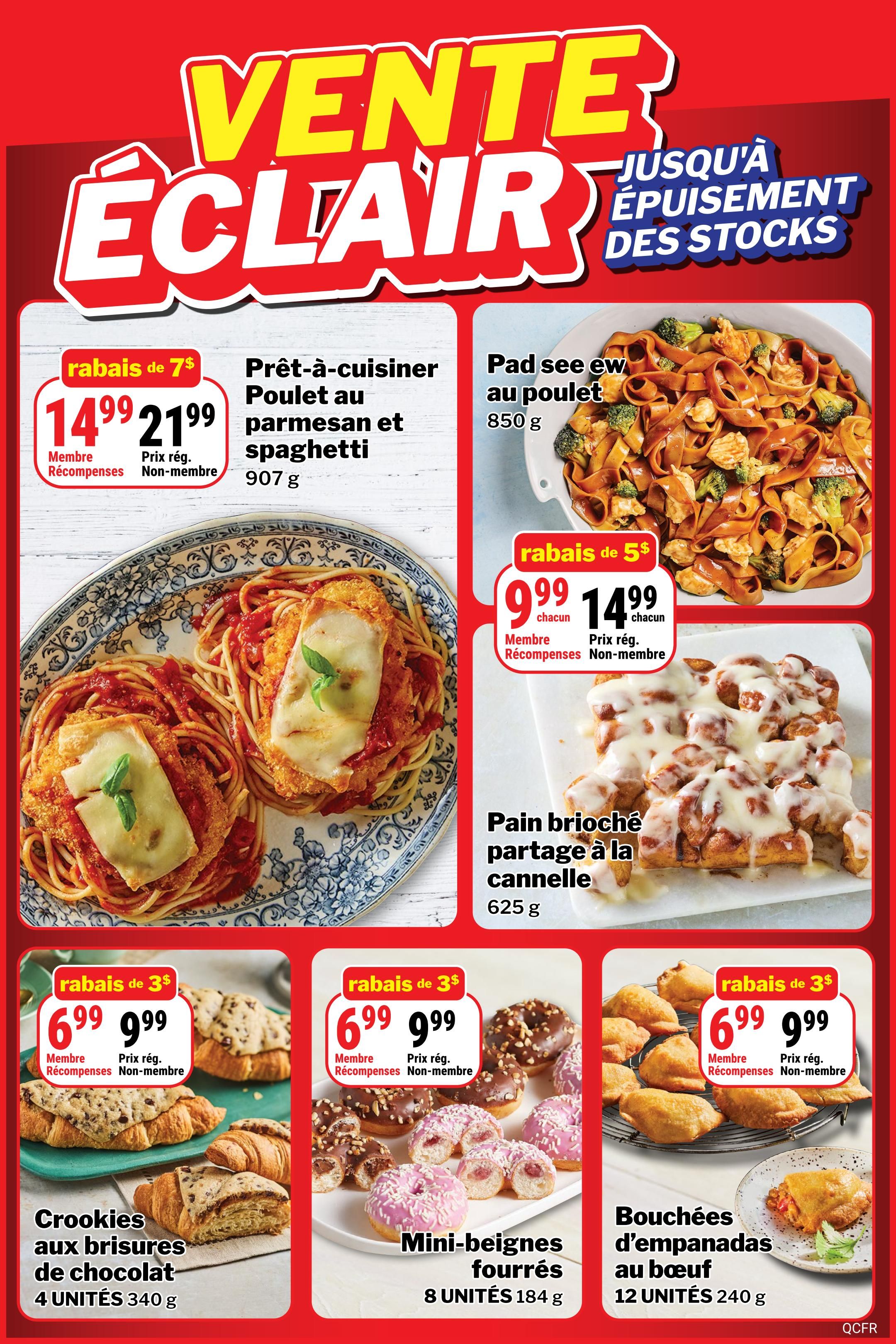 M&M Food Market Quebec flyer page 9 features a 'Flash Sale' with 'While Supplies Last' offers. Top left: Ready-to-cook Parmesan Chicken with Spaghetti (907 g) is on sale for $14.99 for members and $21.99 for non-members, a $7 discount. Top right: Pad See Ew with Chicken (850 g) is $9.99 each for members and $14.99 each for non-members, a $5 discount. Middle right: Cinnamon Swirl Brioche Bread (625 g) is also part of the sale. Bottom row features $3 discounts on various treats: Crookie Chocolate Chip Bites (4 units, 340 g) are $6.99 for members and $9.99 for non-members. Mini Filled Doughnuts (8 units, 184 g) are $6.99 for members and $9.99 for non-members. Beef Empanada Bites (12 units, 240 g) are $6.99 for members and $9.99 for non-members.