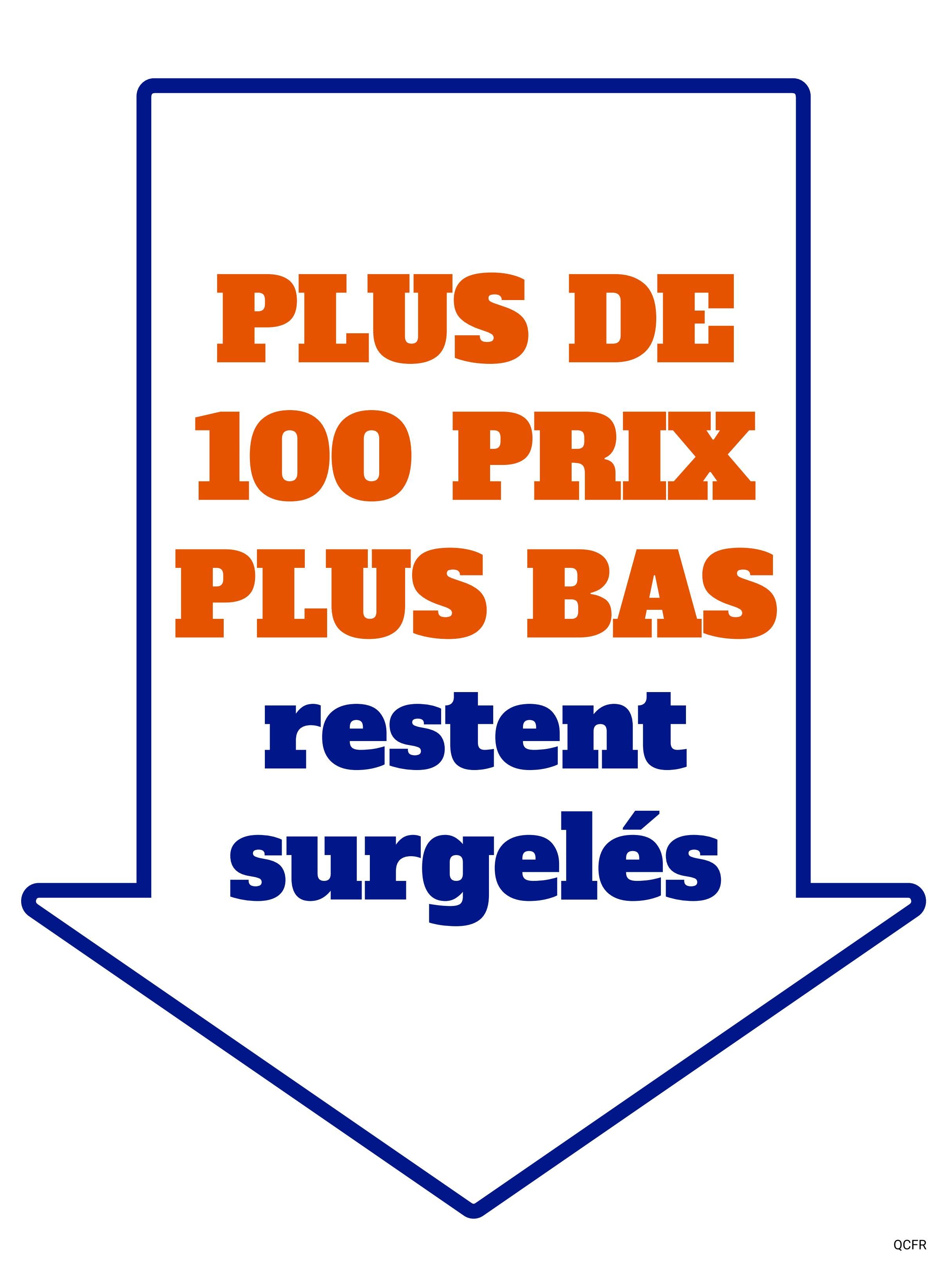 M&M Food Market flyer, page 12. Features a large graphic with text in French: 'PLUS DE 100 PRIX PLUS BAS restent surgelés', which translates to 'Over 100 lower prices remain frozen'. This indicates a promotion on frozen food items with more than 100 price reductions.