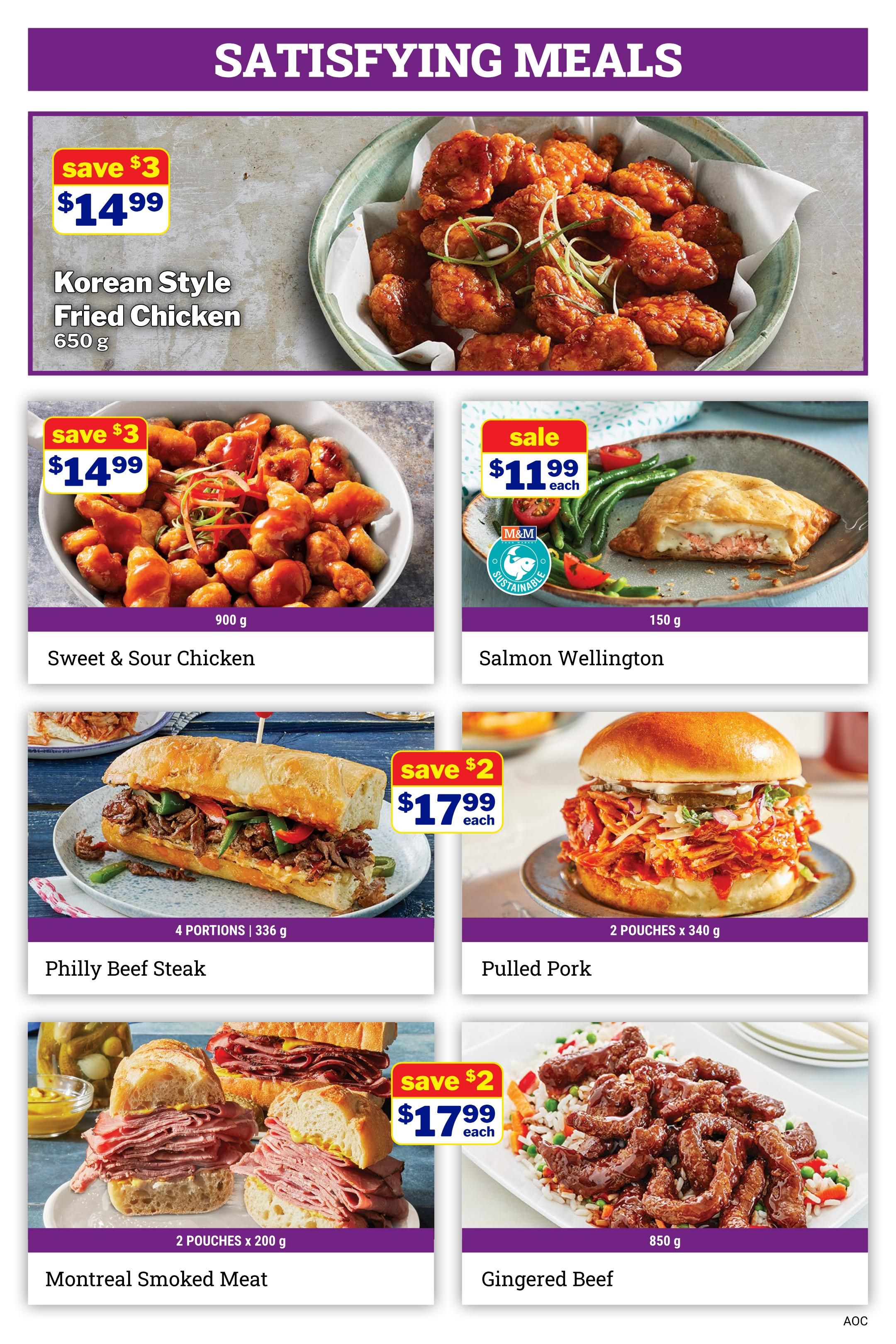 M&M Food Market flyer page 3 features satisfying meals. Top item is Korean Style Fried Chicken, 650 g, on sale for $14.99 with a save $3 offer. Below, Sweet & Sour Chicken, 900 g, is also $14.99 with a save $3 offer. To the right, Salmon Wellington, 150 g, is on sale for $11.99 each. The next row shows Philly Beef Steak, 4 portions (336 g), for $17.99 each with a save $2 offer, and Pulled Pork, 2 pouches (340 g), for $17.99 each. The bottom row features Montreal Smoked Meat, 2 pouches (200 g), for $17.99 each with a save $2 offer, and Gingered Beef, 850 g, for $17.99 each.
