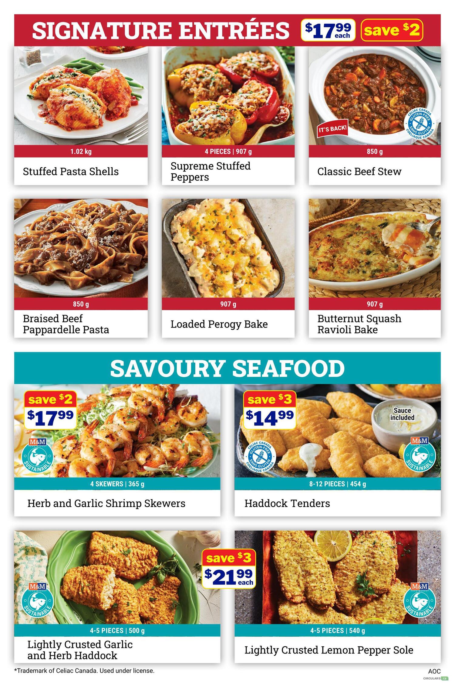M&M Food Market weekly flyer specials page 4. Signature Entrees include Stuffed Pasta Shells for $17.99 each, save $2; Supreme Stuffed Peppers for $17.99 each, save $2; and Classic Beef Stew for $17.99 each, save $2. Other entrees are Braised Beef Pappardelle Pasta, Loaded Perogy Bake, and Butternut Squash Ravioli Bake. Savoury Seafood section features Herb and Garlic Shrimp Skewers for $14.99, save $3; and Hadock Tenders for $14.99, save $3. Also featured are Lightly Crusted Garlic and Herb Haddock for $21.99 each, save $3, and Lightly Crusted Lemon Pepper Sole for $21.99 each, save $3.