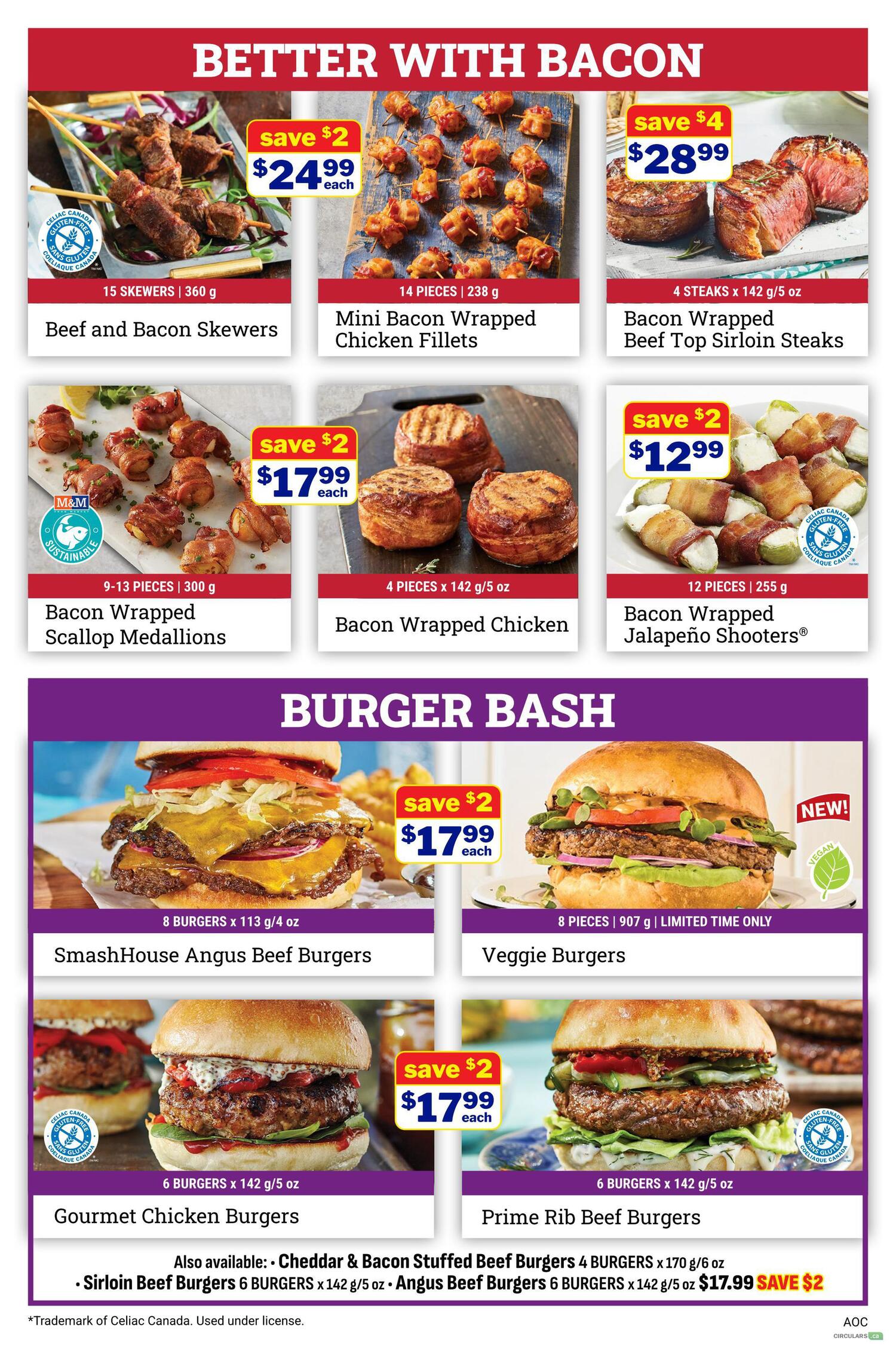 M&M Food Market weekly flyer specials page 6 features 'Better with Bacon' and 'Burger Bash' sections. The 'Better with Bacon' section includes Beef and Bacon Skewers for $24.99, Mini Bacon Wrapped Chicken Fillets for $17.99, Bacon Wrapped Beef Top Sirloin Steaks for $28.99 (save $4), Bacon Wrapped Scallop Medallions for $17.99 (save $2), Bacon Wrapped Chicken for $17.99 (save $2), and Bacon Wrapped Jalapeño Shooters for $12.99 (save $2). The 'Burger Bash' section offers SmashHouse Angus Beef Burgers for $17.99 (save $2), Veggie Burgers (limited time only), Gourmet Chicken Burgers for $17.99 (save $2), and Prime Rib Beef Burgers for $17.99 (save $2). Additional burger options include Cheddar & Bacon Stuffed Beef Burgers and Sirloin Beef Burgers, with a special offer of Angus Beef Burgers for $17.99, save $2.