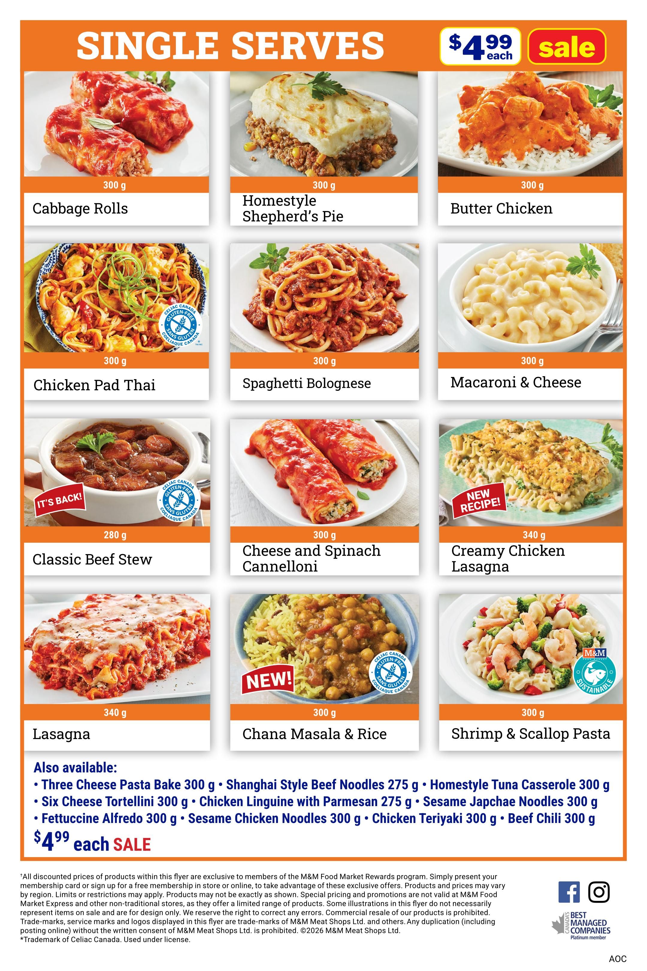 M&M Food Market weekly flyer specials page 8, featuring 'Single Serves' all on sale for $4.99 each. Pictured are Cabbage Rolls (300 g), Homestyle Shepherd's Pie (300 g), Butter Chicken (300 g), Chicken Pad Thai (300 g), Spaghetti Bolognese (300 g), Macaroni & Cheese (300 g), Classic Beef Stew (280 g) with an 'It's Back!' banner, Cheese and Spinach Cannelloni (300 g), Creamy Chicken Lasagna (340 g) with a 'New Recipe!' banner, Lasagna (340 g), Chana Masala & Rice (300 g) with a 'New!' banner, and Shrimp & Scallop Pasta (300 g). Also available are: Three Cheese Pasta Bake (300 g), Shanghai Style Beef Noodles (275 g), Six Cheese Tortellini (300 g), Chicken Linguine with Parmesan (275 g), Fettuccine Alfredo (300 g), Sesame Chicken Noodles (300 g), Chicken Teriyaki (300 g), and Beef Chili (300 g). All are $4.99 each on sale.