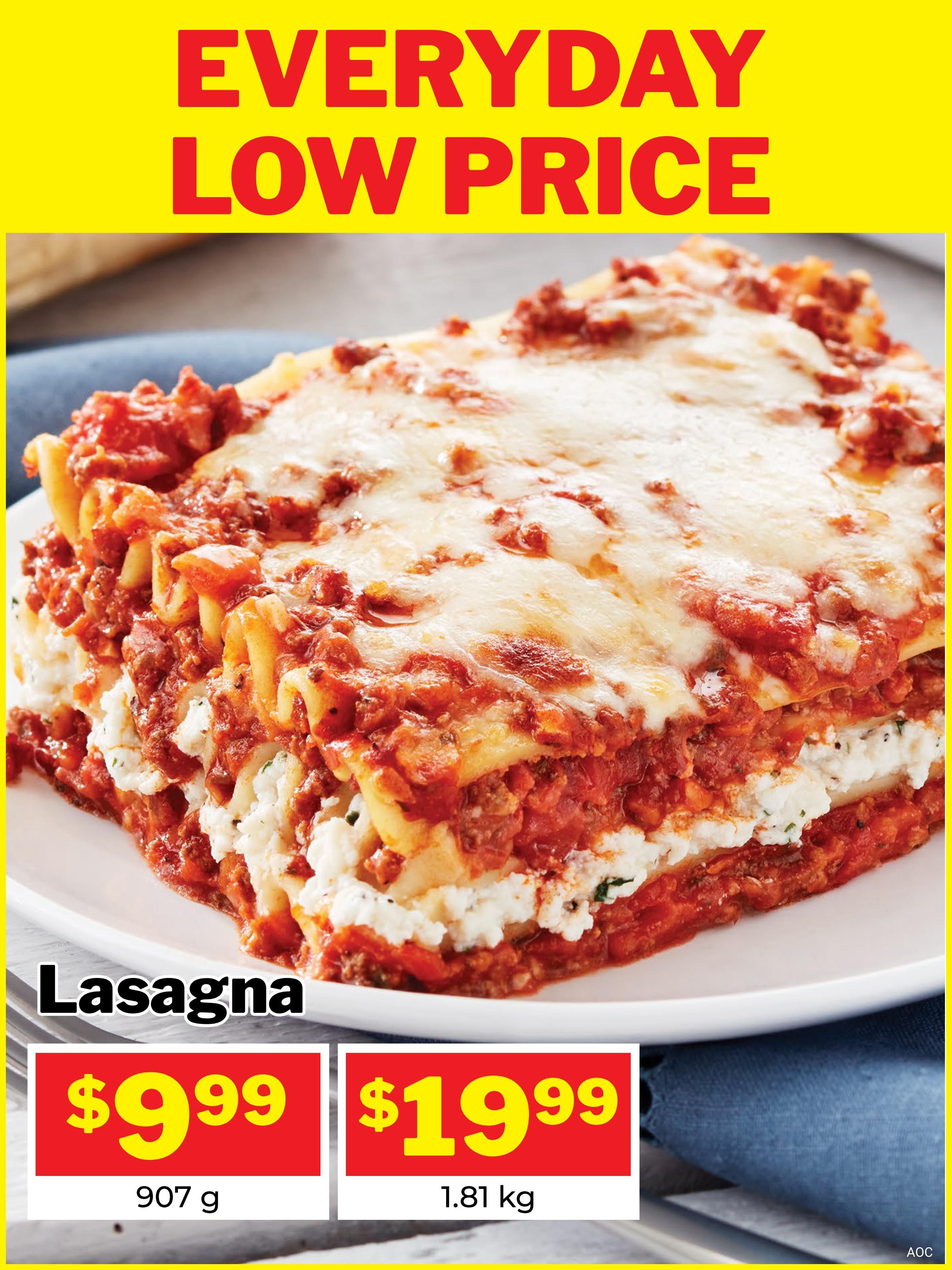 M&M Food Market flyer page featuring Lasagna with an 'Everyday Low Price' message. Available in two sizes: 907 g for $9.99 and 1.81 kg for $19.99.