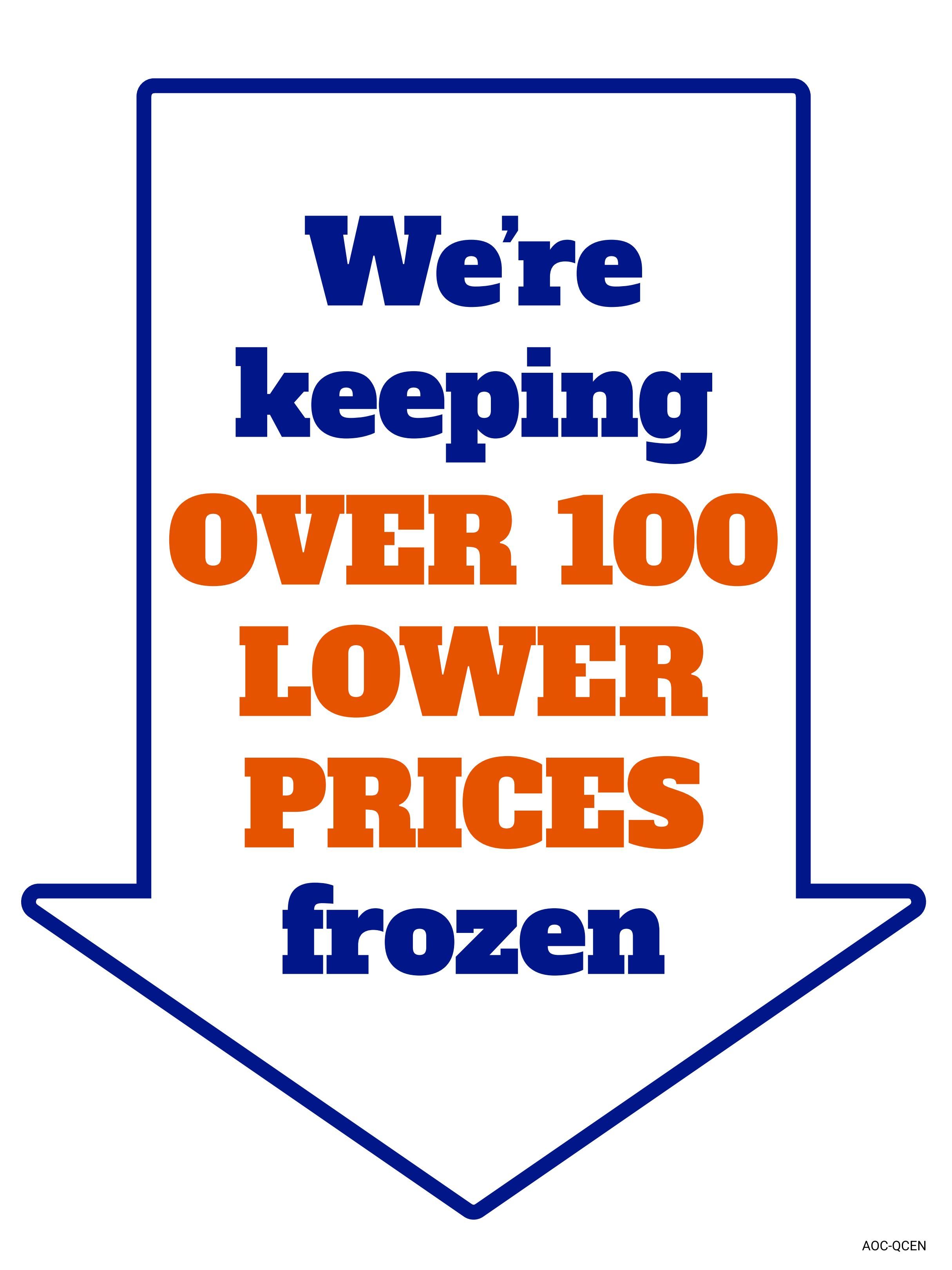 M&M Food Market flyer, page 11 of 12. A large blue arrow points downwards, containing text that reads 'We're keeping OVER 100 LOWER PRICES frozen.