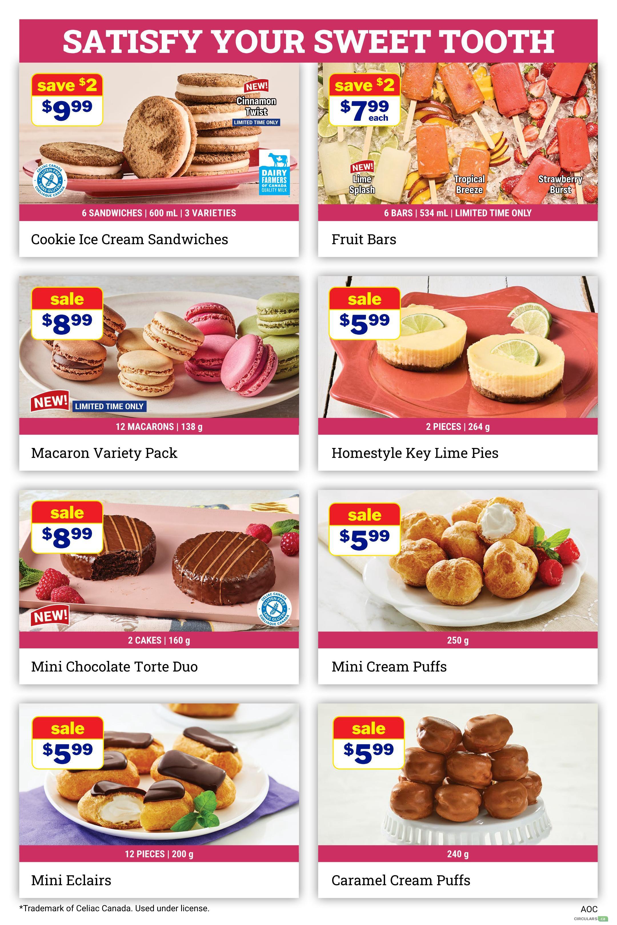 M&M Food Market flyer page 5, featuring a selection of sweet treats. Top row: Cookie Ice Cream Sandwiches, 6 sandwiches for $9.99, available in 3 varieties, with a new Cinnamon Twist flavour. Fruit Bars, 6 bars for $7.99 each, including new Lime Splash, Tropical Breeze, and Strawberry Burst flavours. Middle row: Macaron Variety Pack, 12 macarons for $8.99. Homestyle Key Lime Pies, 2 pieces for $5.99. Bottom row: Mini Chocolate Torte Duo, 2 cakes for $8.99. Mini Cream Puffs, 250g for $5.99. Mini Eclairs, 12 pieces for $5.99. Caramel Cream Puffs, 240g for $5.99. Some products are gluten-free and dairy farmers approved. Limited time offers are available.