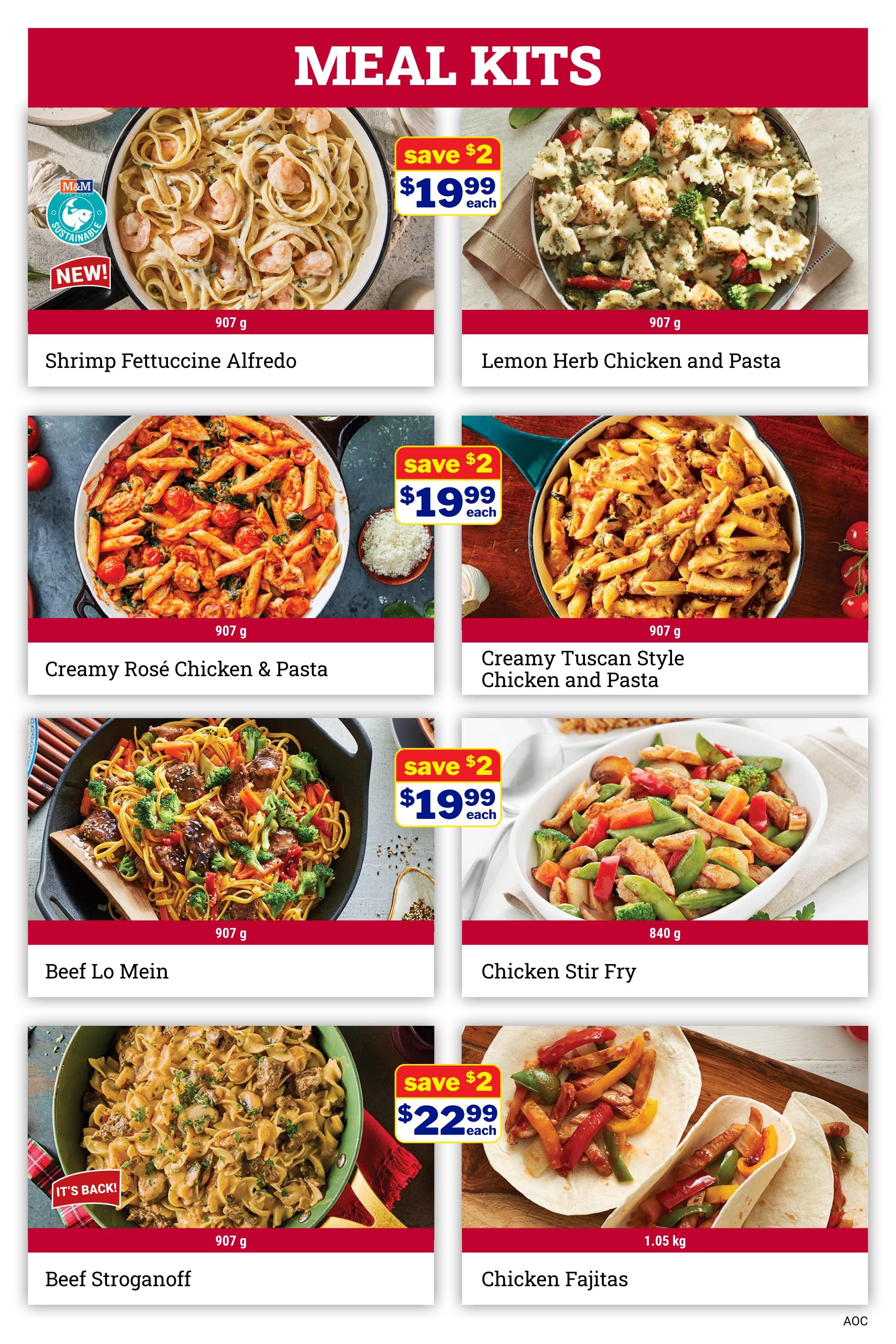M&M Food Market Meal Kits page featuring several ready-to-heat meals. Top row includes Shrimp Fettuccine Alfredo (907 g) and Lemon Herb Chicken and Pasta (907 g), both on sale for $19.99 each, saving $2. Middle row features Creamy Rosé Chicken & Pasta (907 g) and Creamy Tuscan Style Chicken and Pasta (907 g), also $19.99 each with a $2 saving. Bottom row shows Beef Lo Mein (907 g) and Chicken Stir Fry (840 g), both priced at $19.99 each with a $2 saving. The last items featured are Beef Stroganoff (907 g), marked 'It's Back!', and Chicken Fajitas (1.05 kg), both on sale for $22.99 each, saving $2.