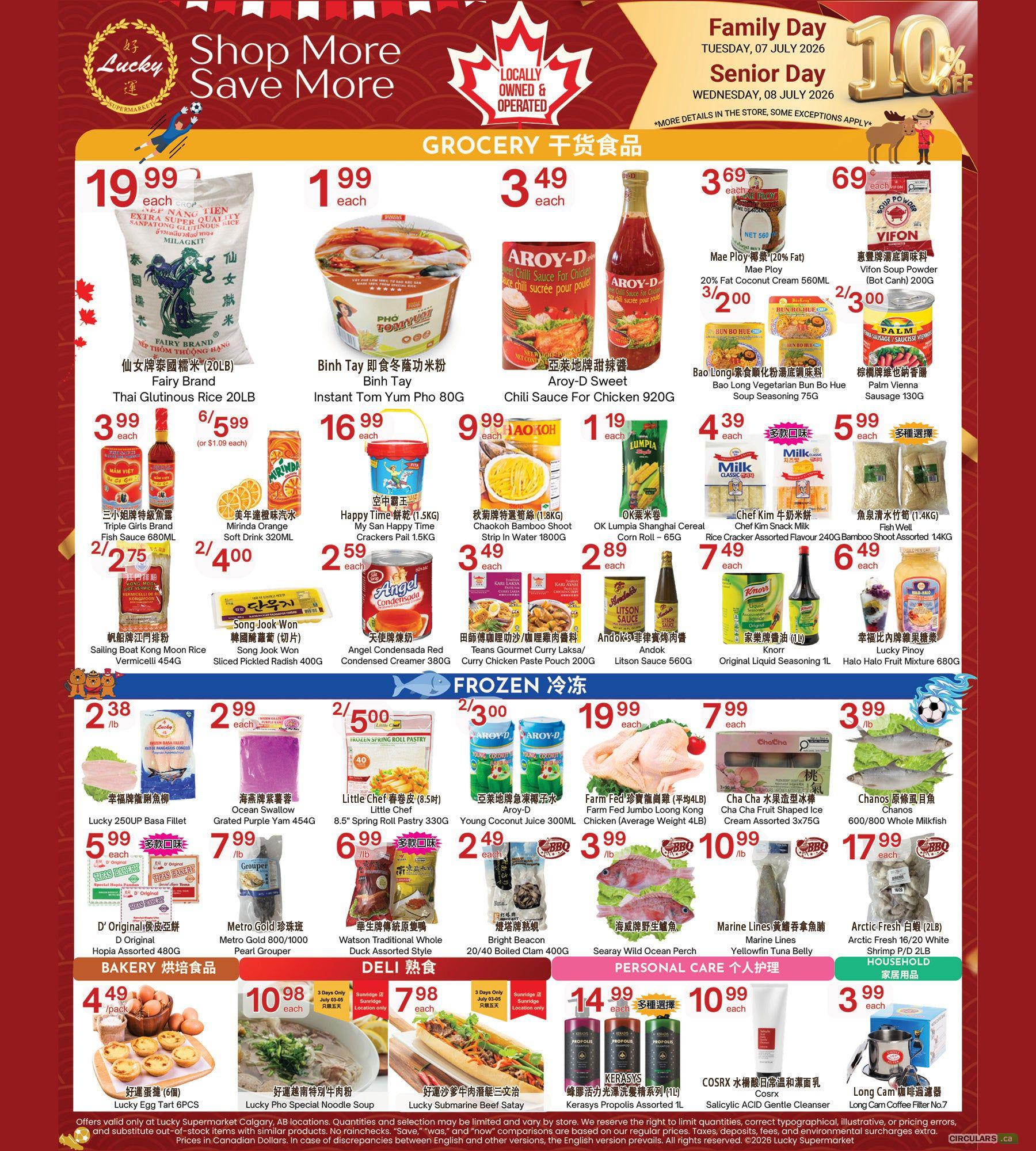 Lucky Supermarket weekly flyer specials for page 2, featuring Family Day and Senior Day promotions on Tuesday, July 7, 2026, and Wednesday, July 8, 2026. Offers include Fairy Brand Thai Glutinious Rice 20LB for $19.99 each, Binh Tay Instant Tom Yum Pho 80G for $16.99 each, Aroy-D Sweet Chili Sauce for Chicken 920G for $3.49 each, Mae Ploy (20% Fat) Cream 560ML for $3.00 for 2, Vifon Soup Powder (Bot Canh) 200G for $0.69 each, Bao Long Bun Bo Hue Soup Seasoning 75G for $2.00 for 2, and Palm Vienna Sausage 130G for $3.69 each. Also featured are Triple Girls Brand Fish Sauce 680ML for $2.75 for 2, Mirinda Orange Soft Drink 320ML for $4.00 for 2, My San Happy Time Crackers Pail 1.5KG for $16.99 each, Chaokoh Bamboo Shoot Strip in Water 1800G for $9.99 each, OK Lumpia Shanghai Cereal Corn Roll - 65G for $1.19 each, Chef Kim Milk Snack Milk for $4.39 each, Rice Cracker Assorted Flavour 240G for $5.99 each, and Bamboo Shoot Assorted 1.4KG for $7.49 each. Additional grocery items include Song Jook Won Sliced Pickled Radish 400G for $2.89 each, Angel Condensada Condensed Creamer 380G for $2.59 each, Litson Sauce 560G for $6.49 each, and Original Liquid Seasoning 1L for $7.49 each. Frozen food specials include Little Chef Frozen Spring Roll Pastry for $5.00 for 2, Young Coconut Juice 300ML for $3.00 for 2, Farm Fed Jumbo Loong Kong Chicken (Average Weight 4LB) for $19.99 each, and Cha Cha Fruit Shaped Ice Cream Assorted 3x75G for $3.99 each. Seafood offers include Lucky 250UP Basa Fillet for $2.38/lb, Ocean Swallow Grated Purple Yam 454G for $2.99 each, Chanos 600/800 Whole Milkfish for $17.99 each, Searay Wild Ocean Perch for $6.99/lb, Marine Lines Yellowfin Tuna Belly for $10.99/lb, and Arctic Fresh Shrimp P/D 2LB for $9.99/lb. Bakery items include Lucky Egg Tart 6PCS for $4.49/pack. Deli specials include Lucky Pho Special Noodle Soup for $10.98 each and Lucky Marine Beef Satay for $7.98 each. Personal care includes Kerasys Hair Treatment Series (1L) for $14.99 each and Cosrx Salicylic Acid Gentle Cleanser for $10.99 each. Household items include Long Cam Coffee Filter No.7 for $3.99 each.