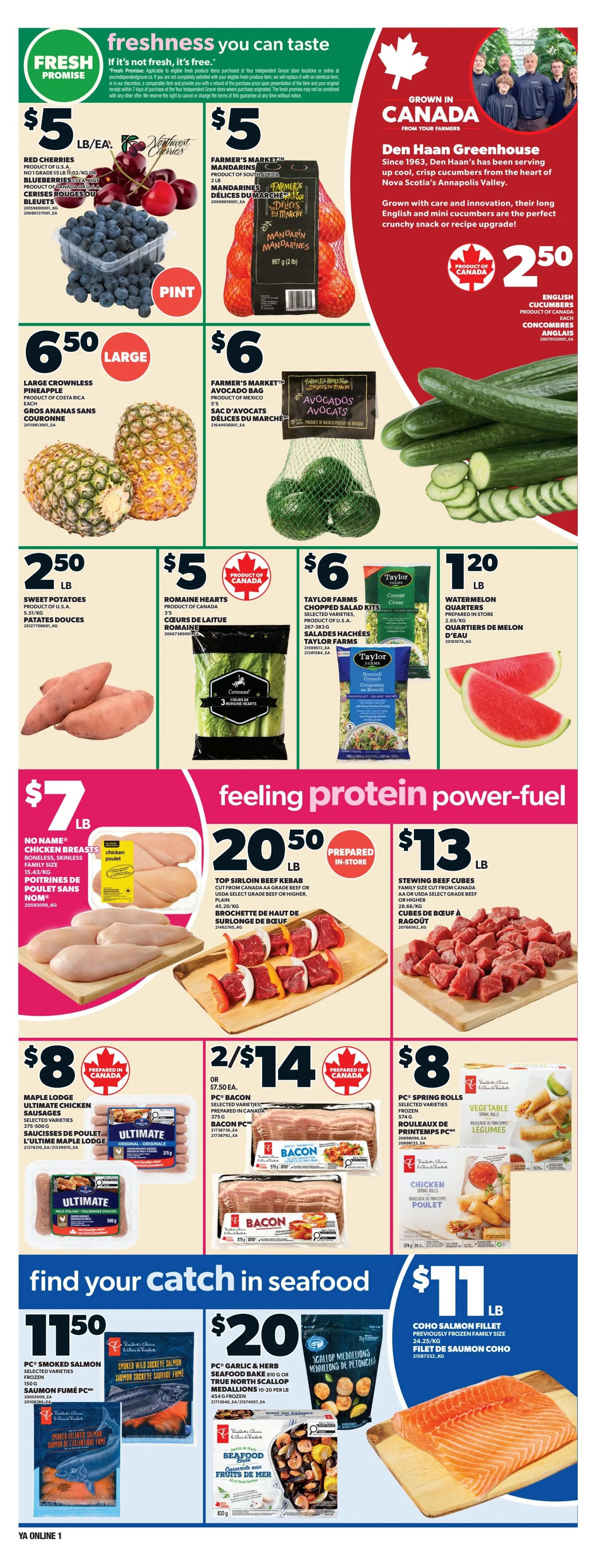 Independent flyer page 3 features fresh produce and protein deals. Get Red Cherries and Blueberries for $5 per pint, Farmer's Market Mandarins for $5, Large Crownless Pineapples for $6.50 each, Farmer's Market Avocado Bags for $6, and Den Haan Greenhouse English Cucumbers for $2.50 each. Also available are Sweet Potatoes for $2.50/lb, Romaine Hearts for $5, Taylor Farms Chopped Salad Kits for $6, and Watermelon Quarters for $1.20/lb. Protein options include No Name Chicken Breasts for $7/lb, Top Sirloin Beef Kebabs for $20.50/lb, and Stewing Beef Cubes for $13/lb. Seafood specials include Maple Lodge Ultimate Chicken Sausages for $8, PC Bacon for 2/$14, and PC Spring Rolls for $8. Find your catch in seafood with PC Smoked Salmon for $11.50, PC Garlic & Herb Seafood Bake or True North Scallop Medallions for $20, and Coho Salmon Fillet for $11/lb.