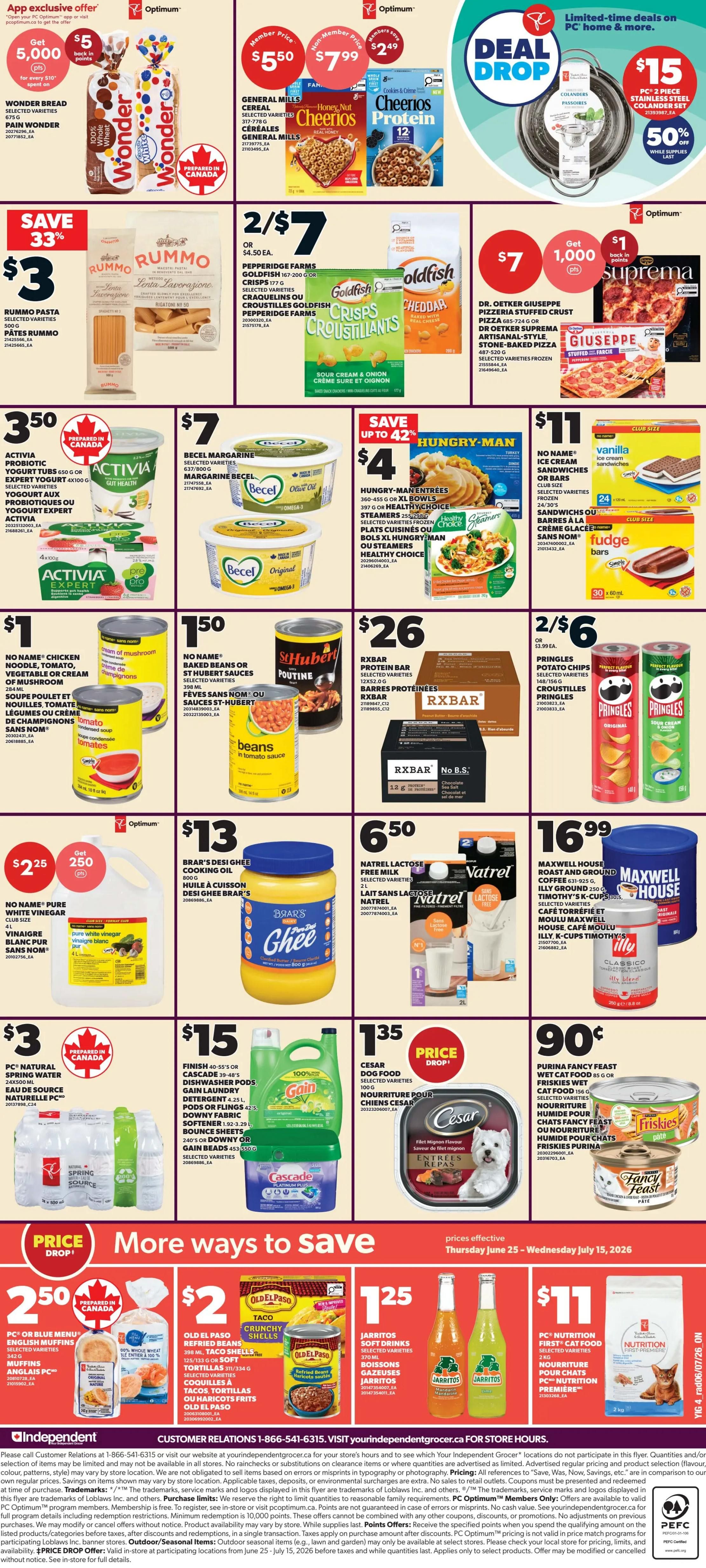 Independent flyer page 2 featuring a variety of deals. Top section includes Wonder Bread for $5, General Mills Cereal (Cheerios, Honey Nut Cheerios, Cheerios Protein) for $5.50, and a 2-piece stainless steel colander set for $15. Also featured is Rummo Pasta for $3, Pepperidge Farms Goldfish Crisps and Old Dutch Crisps for 2/$7, and Dr. Oetker Giuseppe Pizza for $7 with a $1 Optimum point offer. Middle section highlights Activia Yogurt Tubs for $3.50, Becel Margarine for $7, Hungry-Man Entrees for $4, and No Name Ice Cream Sandwiches and Fudge Bars for $11. Further down, find No Name Chicken Noodle, Tomato, Vegetable or Cream of Mushroom Soup for $1, St. Hubert Poutine Beans for $1.50, RXBAR Protein Bars for $26, and Pringles Potato Chips for 2/$6. The bottom section showcases PC Pure White Vinegar for $2.25 with a 250 Optimum point offer, Brar's Desi Ghee for $13, Natrel Lactose-Free Milk for $6.50, PC Natural Spring Water for $3, Finish Dishwasher Detergent Pods or Gain Laundry Detergent for $15, and Cesar Dog Food for $1.35 with a price drop. Finally, the bottom row offers PC Blue Menu English Muffins for $2.50, Old El Paso Taco Shells for $2, Jarritos Soft Drinks for $1.25, and PC Nutrition First Cat Food for $11.