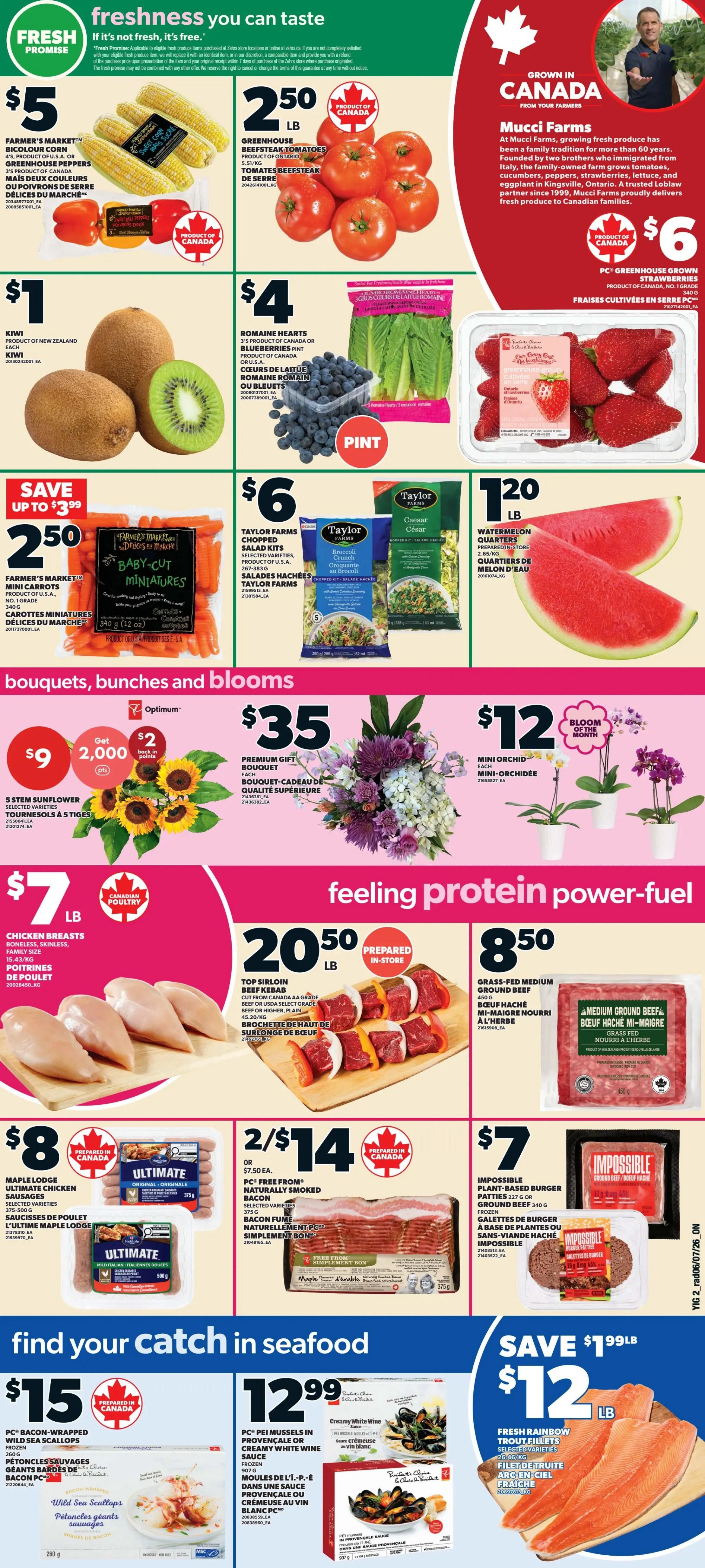 Independent flyer page 3 featuring fresh produce and protein deals. On the top row, find Farmer's Market Bicolour Corn for $5, Greenhouse Beefsteak Tomatoes for $2.50/lb, and Mucci Farms Greenhouse Grown Strawberries for $6. Also available are Kiwi from New Zealand for $1, Romaine Hearts or Blueberries Pint for $4, and Watermelon Quarters for $1.20/lb. In the 'bouquets, bunches and blooms' section, get 5 Stem Sunflower bouquets for $9 with 2,000 Optimum points back ($2 value), a Premium Gift Bouquet for $35, and a Mini Orchid for $12. The 'feeling protein power-fuel' section includes Chicken Breasts for $7/lb, Top Sirloin Beef Kebab prepared in-store for $20.50/lb, and Grass-Fed Medium Ground Beef for $8.50/lb. Also featured are Maple Lodge Ultimate Chicken Sausages for $8 and PC Free From Naturally Smoked Bacon for 2 for $14. The 'find your catch in seafood' section offers PC Bacon-Wrapped Wild Sea Scallops for $15, PC Mussels in Provençale or Creamy White Wine Sauce for $12.99, and Fresh Rainbow Trout Fillets for $12/lb.