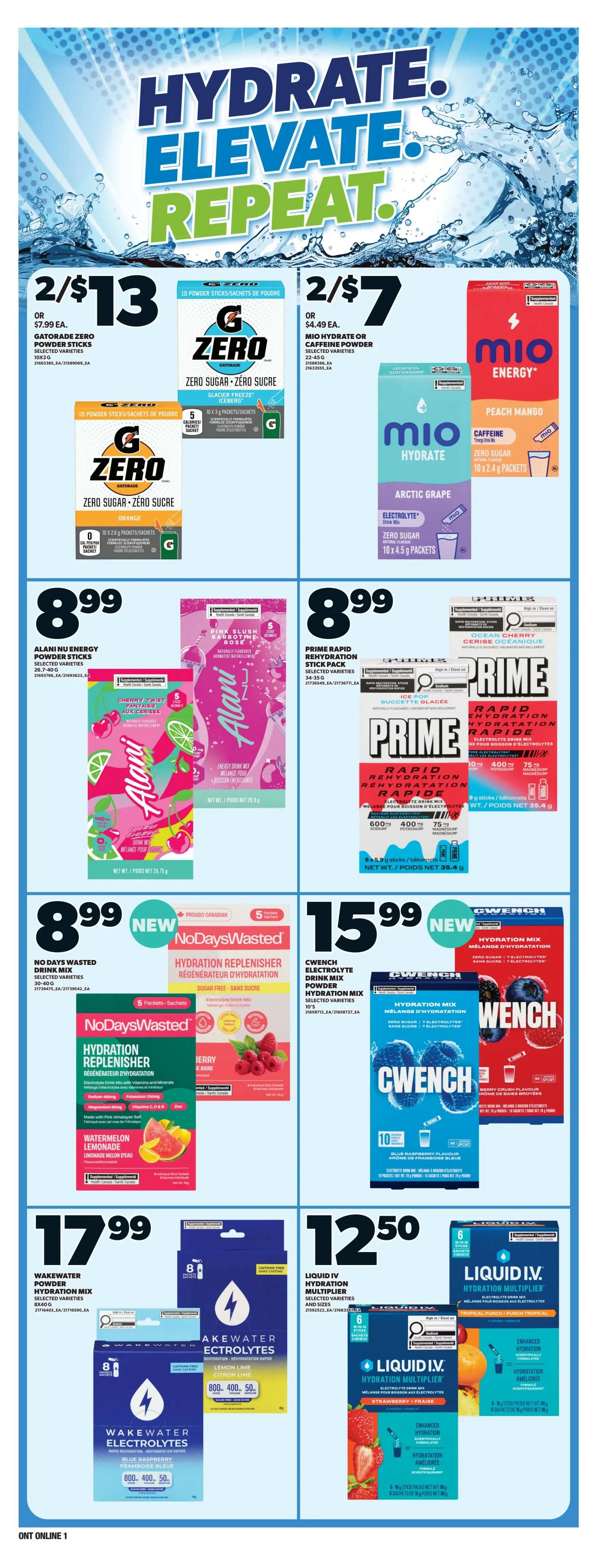 Independent flyer page 6 features a selection of hydration and energy drinks. Deals include 2 for $13 Gatorade Zero Powder Sticks in selected varieties, and 2 for $7 Mio Hydrate or Caffeine Powder in selected varieties. Also featured are Alani Nu Energy Powder Sticks in selected varieties for $8.99, and Prime Rapid Rehydration Stick Pack in selected varieties for $8.99. NoDaysWasted Hydration Replenisher in selected varieties is $8.99. CwEnch Electrolyte Drink Mix Powder Hydration Mix in selected varieties is $15.99. WakeWater Powder Hydration Mix in selected varieties is $17.99. Liquid IV Hydration Multiplier in selected varieties and sizes is $12.50.