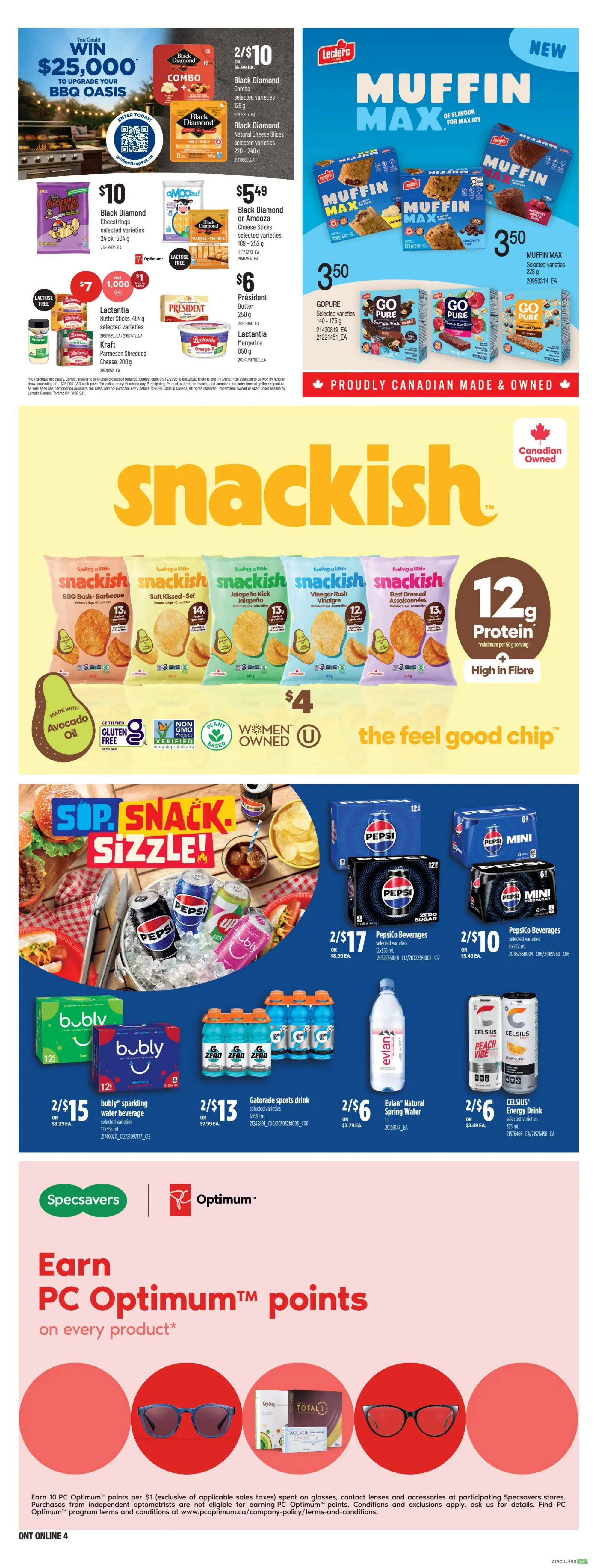 Independent flyer page 10 features a promotion to win a $25,000 BBQ Oasis. Featured products include Black Diamond Combo for 2/$10, Black Diamond Natural Cheese Slices for $5.49, Black Diamond or Amooza Cheese Sticks for $5.49, Lactantia Butter Sticks for $7, Kraft Parmesan Shredded Cheese for $1, and Président Butter for $6. Leclerc Muffin Max is available for $3.50 each, and Go Pure bars are also $3.50. Snackish chips are featured at $4. Beverage deals include Bubly sparkling water for 2/$15, Gatorade sports drink for 2/$13, PepsiCo Beverages (selected varieties, 12x355ml) for 2/$17, PepsiCo Mini (selected varieties, 6x222ml) for 2/$10, and Evian Natural Spring Water for 2/$6. Celsius Energy Drinks are 2/$6. The bottom section highlights earning PC Optimum points on every product at Specsavers, with images of glasses and contact lenses.