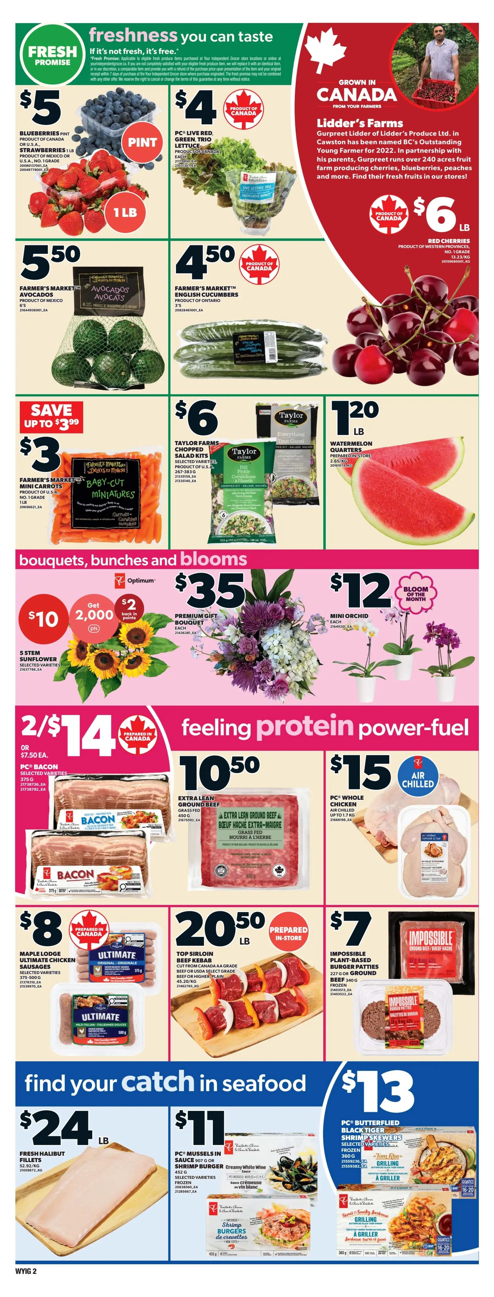 Independent flyer page 3 featuring fresh produce, meat, seafood, and floral deals. Fresh produce includes blueberries pint for $5, PC Live Red Trio Lettuce for $4, Farmer's Market Avocados for $5.50, Farmer's Market English Cucumbers for $4.50, Farmer's Market Baby-Cut Miniatures Carrots for $3 (save up to $3.99), and Lidder's Farms Red Cherries for $6/lb. Taylor Farms Chopped Salad Kits are $6 and Watermelon Quarters are $1.20/lb. Floral offers include a Premium Gift Bouquet for $35 and Mini Orchids for $12. Protein deals feature PC Bacon at 2 for $14 (or $7.50 each), Extra Lean Ground Beef for $10.50/lb, PC Whole Chicken for $15, Maple Lodge Ultimate Chicken Sausages for $8, Top Sirloin Beef Kebab for $20.50/lb, and Impossible Plant-Based Burger Patties for $7. Seafood specials include Fresh Halibut Fillets for $24/lb, PC Mussels in Sauce or Shrimp Burger for $11, and PC Butterflied Black Tiger Shrimp Skewers for $13.