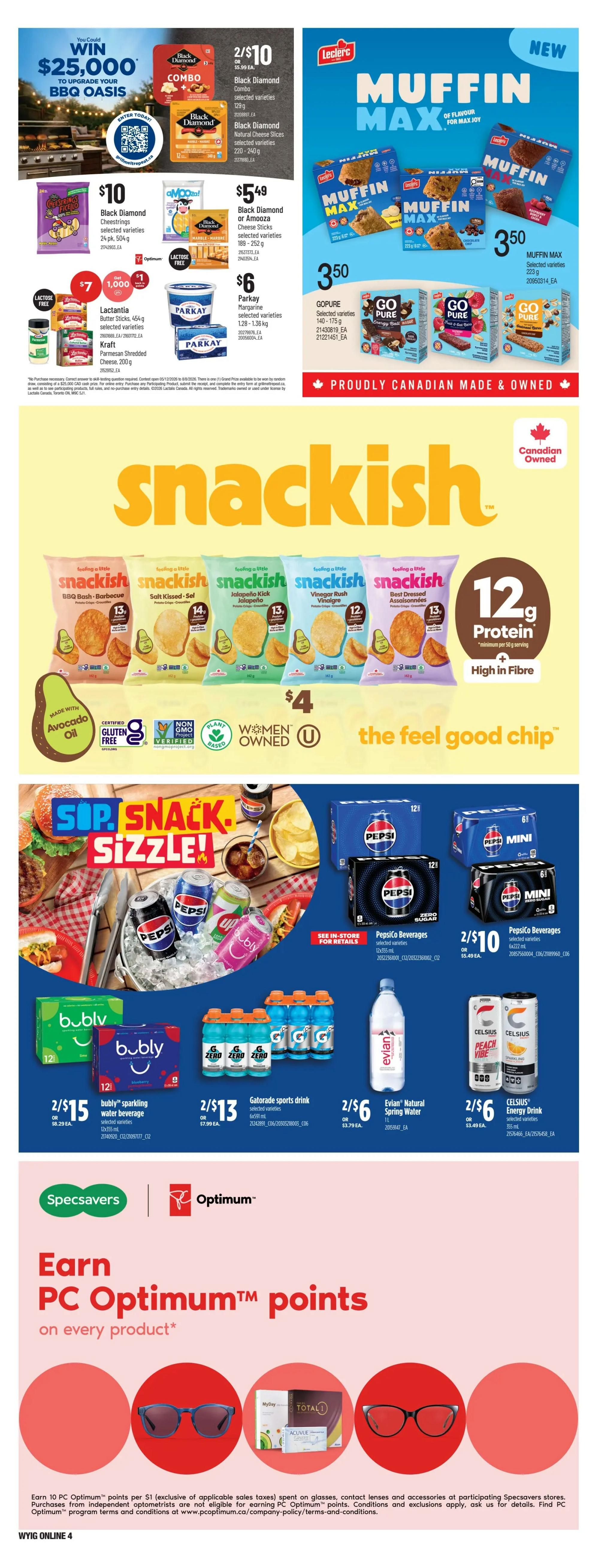 Independent Weekly Flyer Specials Page 11: Features a 'Win $25,000 to Upgrade Your BBQ Oasis' contest. Black Diamond Combos are 2 for $10, and Black Diamond Natural Cheese Slices are $5.49. Lactantia Butter Sticks are $7, and Kraft Parmesan Cheese is $1. Parkay Margarine is $6. Leclerc Muffin Max muffins are $3.50 each, and Go Pure bars are $3.50. Snackish chips are $4 per bag, available in BBQ Bash, Salt Kissed, Jalapeño Kick, Vinegar Rush, and Best Dressed varieties, featuring 12g protein and high fibre. PepsiCo beverages are on sale: Bubly sparkling water is 2 for $15, Gatorade sports drink is 2 for $13, and PepsiCo beverages (selected varieties, 12x355ml) are 2 for $10. Evian Natural Spring Water is 2 for $6. Celsius Energy Drinks are 2 for $6. The bottom section highlights 'Earn PC Optimum Points on every product' with Specsavers and Optimum branding, showing examples of glasses and contact lenses.