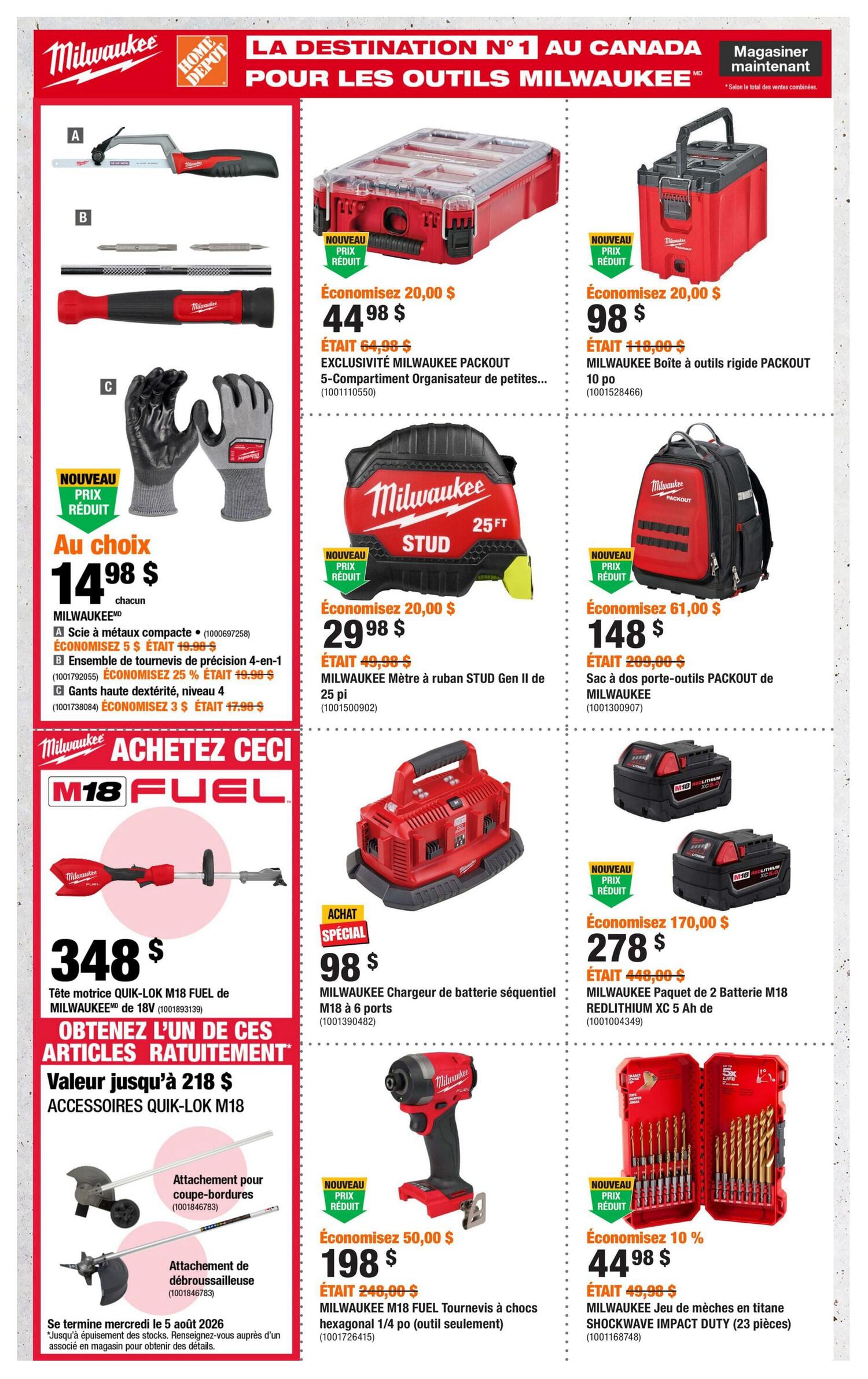 Home Depot flyer page 3 featuring Milwaukee tools. Offers include a Milwaukee PACKOUT 5-compartment organizer for $44.98 (save $20.00), a Milwaukee PACKOUT rigid tool box for $98 (save $20.00), and a Milwaukee PACKOUT 2-battery bag for $148 (save $61.00). Also available is a Milwaukee M18 FUEL 18V Quik-Lok trimmer head for $348, with free Quik-Lok M18 accessories like a cutting attachment or string trimmer attachment (value up to $218), valid until August 5, 2026, while supplies last. Other deals include a Milwaukee Stud 25 ft tape measure for $29.98 (save $20.00), a Milwaukee M18 6-port sequential charger for $98 (special purchase), a Milwaukee M18 FUEL 1/4 in. hex impact driver for $198 (save $50.00), and a Milwaukee SHOCKWAVE IMPACT DUTY drill bit set for $44.98 (save 10%). The page also shows a selection of Milwaukee tools priced at $14.98 each, including a compact hacksaw, a 4-in-1 precision screwdriver set, and high-dexterity work gloves.
