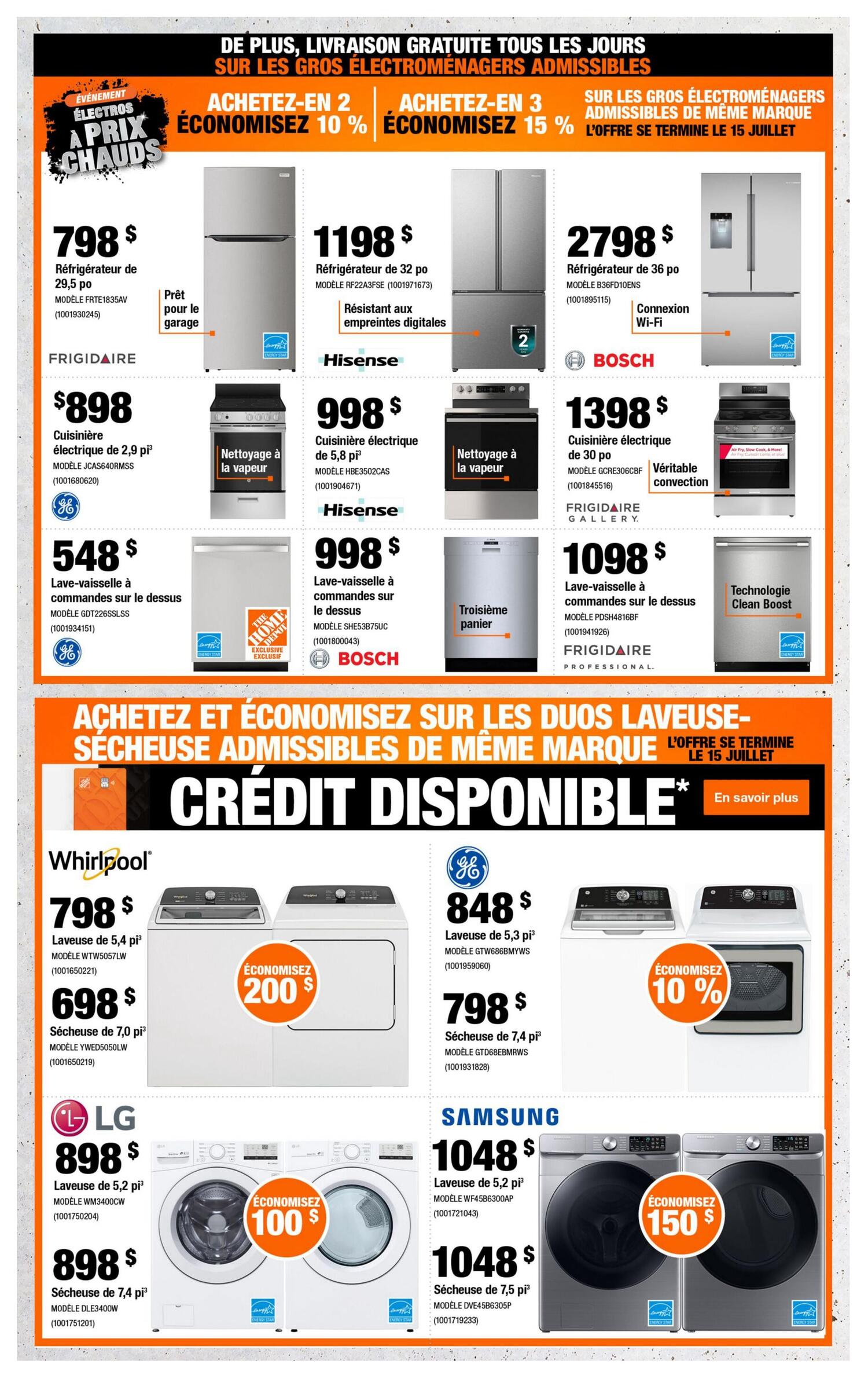 Home Depot flyer page 6 featuring appliance specials. Top section offers deals on large appliances: Frigidaire 29.5 cu. ft. refrigerator for $798, Hisense 32 cu. ft. refrigerator for $1198, and Bosch 36 cu. ft. refrigerator with Wi-Fi for $2798. Also featured are a Frigidaire 2.9 cu. ft. electric range for $898, a Hisense 5.8 cu. ft. electric range for $998, and a Bosch 5.8 cu. ft. electric range with true convection for $1398. Dishwashers include a GE 24-inch top control model for $548, a Bosch 24-inch model for $998, and a Frigidaire Professional 24-inch model for $1098. The bottom section highlights savings on washer and dryer pairs of the same brand, with credit available. Whirlpool offers a 5.4 cu. ft. washer for $798 and a 7.0 cu. ft. dryer for $698, saving $200. GE offers a 5.3 cu. ft. washer for $848 and a 7.4 cu. ft. dryer for $798. LG offers a 5.2 cu. ft. washer for $898 and a 7.4 cu. ft. dryer for $898. Samsung offers a 5.2 cu. ft. washer for $1048 and a 7.5 cu. ft. dryer for $1048, saving $150. The offer on pairs ends July 15.