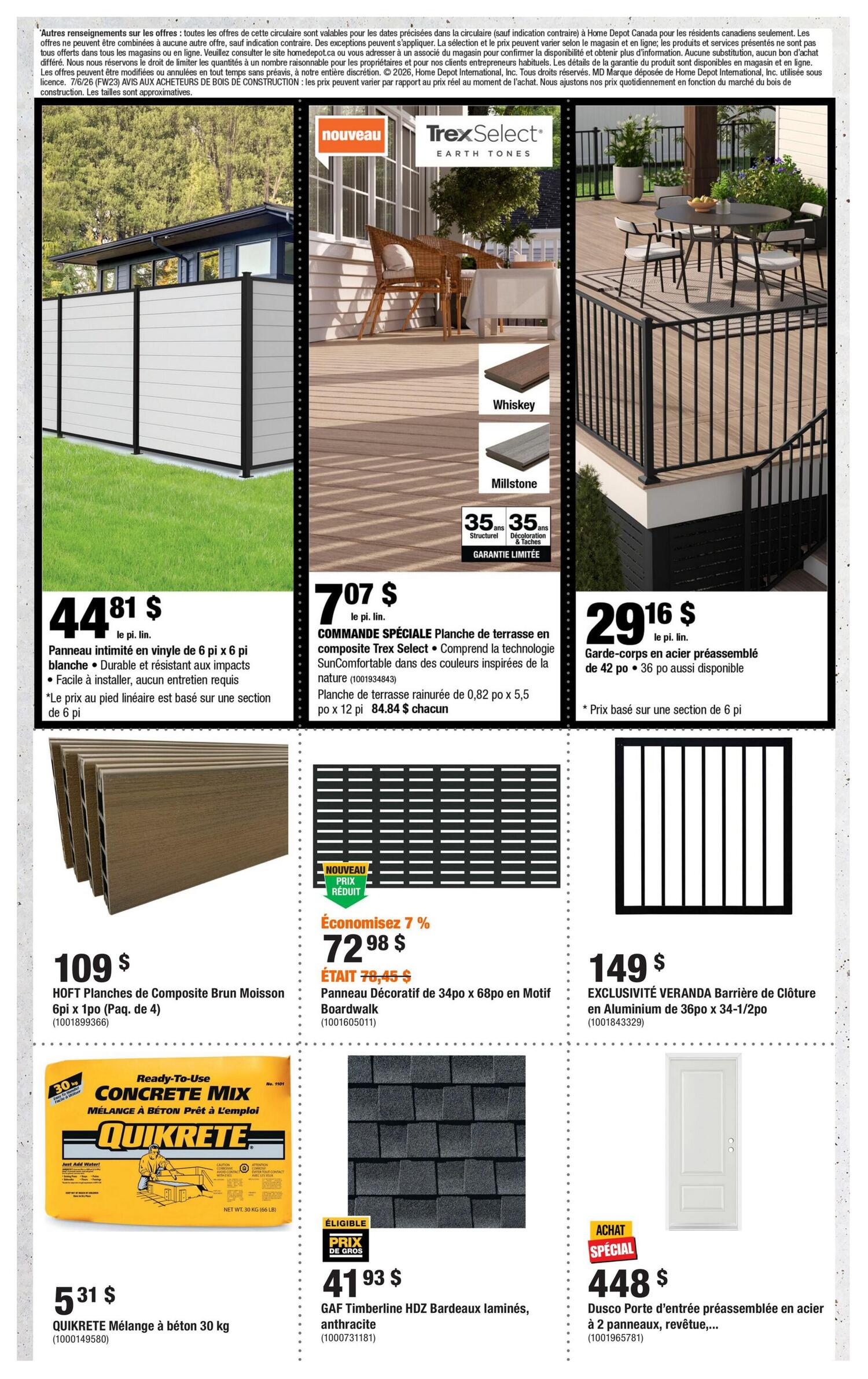 Home Depot flyer page 7 features outdoor living and home improvement products. Highlights include a white vinyl privacy fence panel for $44.81 per linear foot, durable and impact-resistant. Also featured is Trex Select composite deck boards in 'Whiskey' and 'Millstone' colours, with a 35-year structural and fade warranty, priced at $7.07 per linear foot for grooved boards (0.82 x 5.5 inches) and $84.84 each for 12-foot boards. Pre-assembled steel deck railings are available for $29.16 per linear foot in 42-inch or 36-inch heights. HOFT composite deck boards in 'Brun Moisson' colour, 6x1 inch x 12 feet (4-pack), are $109. Decorative 34-inch x 68-inch composite panels in 'Boardwalk' pattern are on sale for $72.98, a 7% discount from $78.45. Quikrete concrete mix (30 kg bag) is $5.31. GAF Timberline HDZ laminated shingles in anthracite are eligible for bulk pricing at $41.93. Finally, a pre-assembled steel entry door with two panels and a white finish is available for a special purchase price of $448.