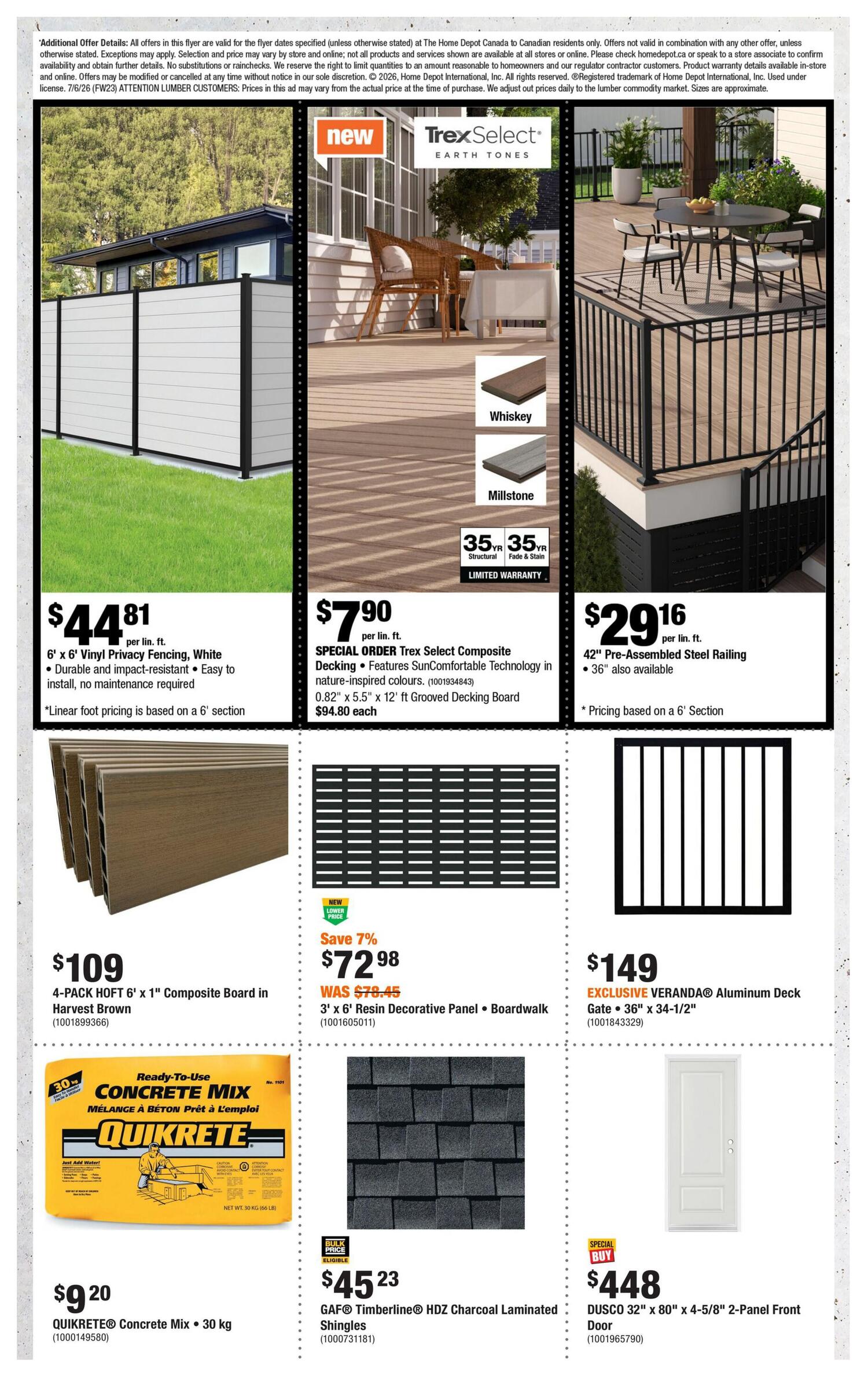Home Depot Atlantic Canada flyer page 7 features a variety of home improvement products. Highlighted items include 6' x 6' Vinyl Privacy Fencing in White for $44.81 per linear foot, Trex Select Composite Decking in nature-inspired colours for $7.90 per linear foot, and 42' Pre-Assembled Steel Railing for $29.16 per linear foot. Also available is a 4-pack of HOFT 6' x 1' Composite Board in Harvest Brown for $109. For outdoor projects, find 3' x 6' Resin Decorative Panel Boardwalk on sale for $72.98 (save 7%, was $78.45). Quikrete Concrete Mix, 30 kg, is priced at $9.20. Roofing options include GAF Timberline HDZ Charcoal Laminated Shingles for $45.23. Additionally, an exclusive VERANDA Aluminum Deck Gate, 36' x 34-1/2', is available for $149, and a DUSCO 32' x 80' 2-Panel Front Door is on special buy for $448.