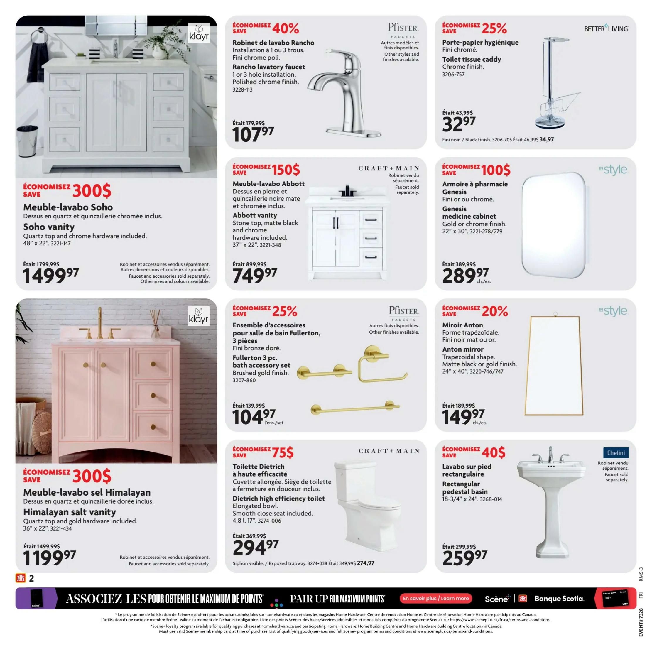 Home Hardware flyer page 2 features a variety of bathroom fixtures. On the top left, save $40% on the Rancho lavatory faucet in polished chrome finish for $107.97. Next to it, save $75 on the toilet tissue caddy with a chrome finish for $32.97. The Soho vanity is on sale for $1499.97, saving $300, featuring a quartz top and chrome hardware. Below, save $150 on the Abbott vanity with a stone top, matte black and chrome hardware for $749.97. Save 25% on the Fullerton 3-piece bath accessory set in brushed gold finish for $104.97. In the middle right, save $100 on the Genesis medicine cabinet in gold or chrome finish for $289.97. The Anton mirror, a trapezoidal shape in matte black or gold finish, is on sale for $149.97, saving $40. On the bottom left, save $300 on the Himalayan salt vanity with a quartz top and gold hardware for $1199.97. Finally, save $75 on the Dietrich high-efficiency toilet with an elongated bowl and smooth close seat for $294.97. A rectangular pedestal basin is available for $259.97, saving $40.