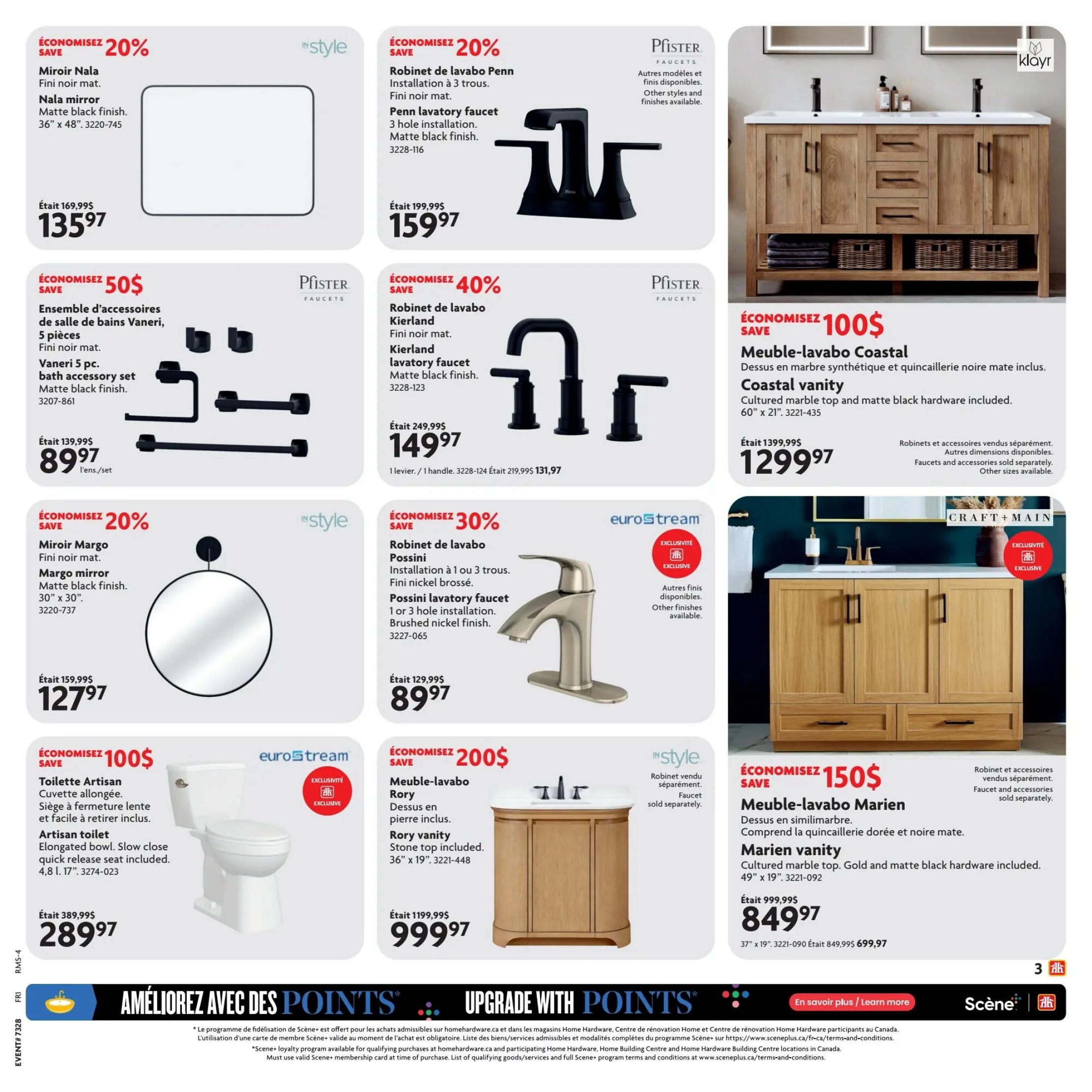Home Hardware Quebec Ultimate Bath Sale page 3 features a Nala mirror for $135.97, a 20% discount on the Penn lavatory faucet for $159.97, and a 40% discount on the Kierland lavatory faucet for $149.97. Also available is a Vaneri 5-piece bath accessory set for $89.97, a Margo mirror for $127.97, a Coastal vanity for $1299.97 with $100 savings, an Artisan toilet for $289.97 with $100 savings, a Rory vanity for $999.97 with $200 savings, and a Marien vanity for $849.97 with $150 savings. The bottom of the page promotes upgrading with Scene+ points.