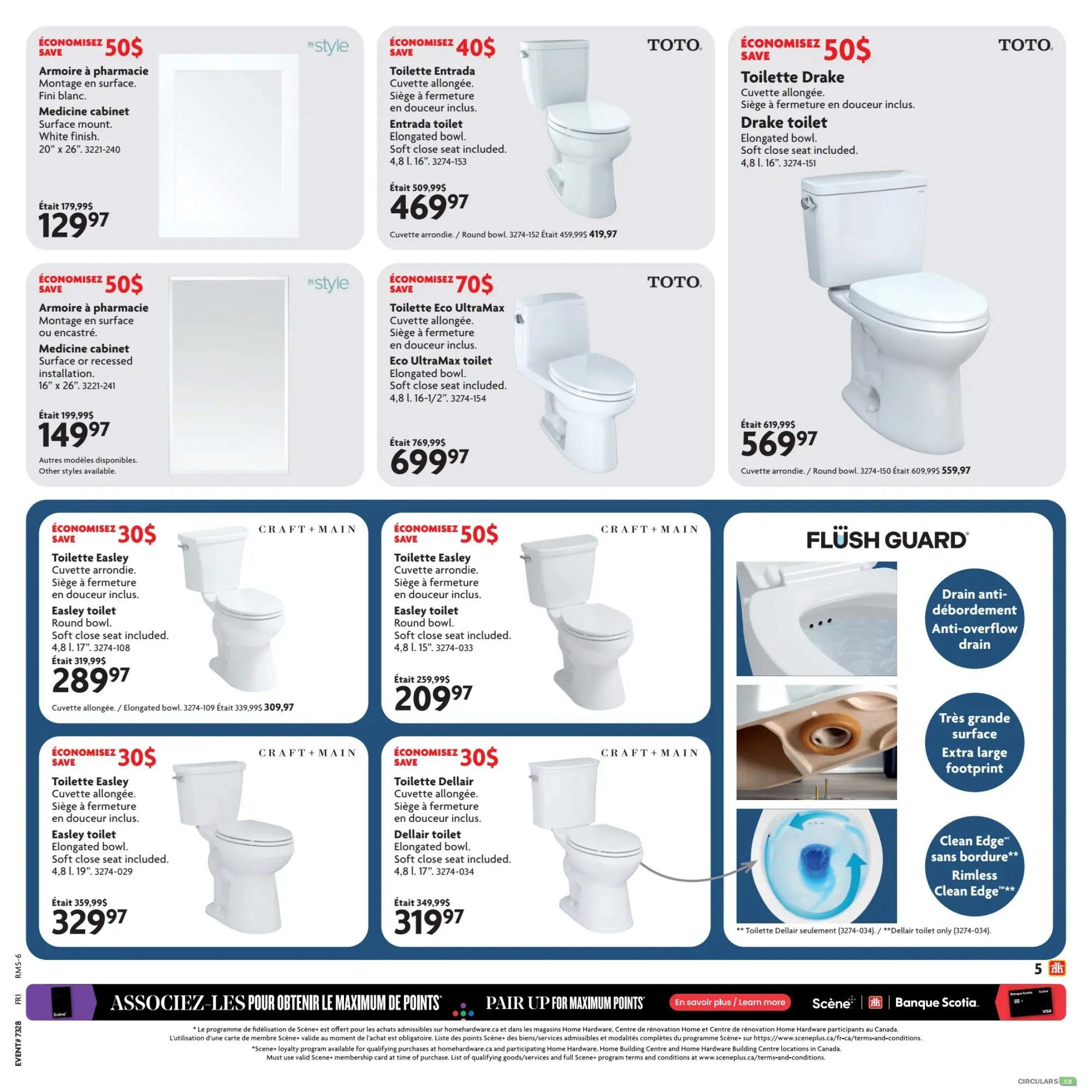 Home Hardware Quebec Ultimate Bath Sale flyer, page 5. Features a surface mount medicine cabinet in white finish, 20' x 26', for $129.97 (save $50). Also available is a surface or recessed medicine cabinet, 16' x 26', for $149.97 (save $50), with other styles available. The page highlights Toto toilets: the Entrada toilet, elongated bowl with soft close seat, for $469.97 (save $40), and the Eco UltraMax toilet, elongated bowl with soft close seat, for $699.97 (save $70). The Toto Drake toilet, elongated bowl with soft close seat, is $569.97 (save $50). Craft + Main toilets include the Easley toilet, round bowl with soft close seat, for $289.97 (save $30), and another Easley toilet, round bowl with soft close seat, for $209.97 (save $50). The Dellair toilet, elongated bowl with soft close seat, is $319.97 (save $30). A 'Flush Guard' feature is highlighted with an anti-overflow drain and extra-large footprint, and a rimless Clean Edge toilet is shown. The bottom of the page promotes 'Pair Up for Maximum Points' with Scene+ and Scotiabank.