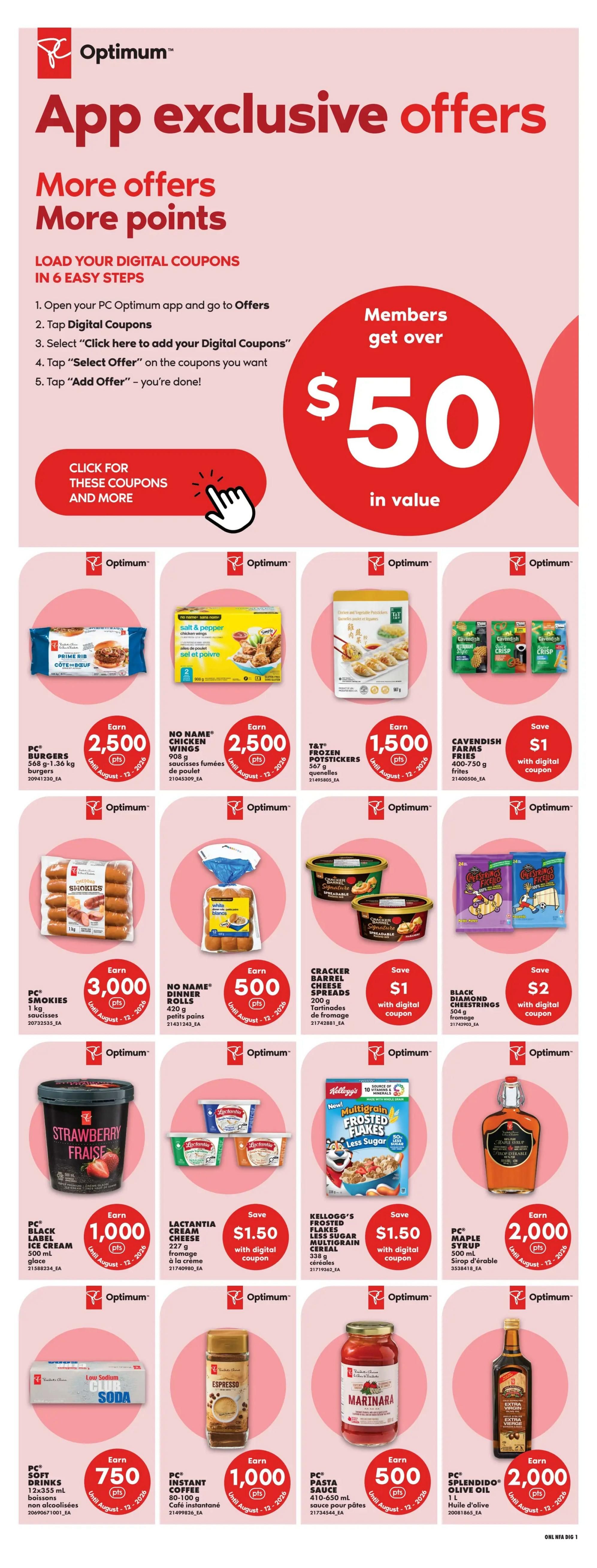 No Frills flyer page 12 featuring App Exclusive Offers with instructions on how to load digital coupons in 6 easy steps. Members can get over $50 in value. Featured products include PC Burgers (568 g-1.36 kg) earning 2,500 points, No Name Chicken Wings (908 g) earning 2,500 points, T&T Frozen Potstickers (567 g) earning 1,500 points, Cavendish Farms Fries (400-750 g) with a $1 saving with digital coupon, PC Smokies (1 kg) earning 3,000 points, No Name Dinner Rolls (420 g) earning 500 points, Cracker Barrel Cheese Spreads (200 g) with a $1 saving with digital coupon, and Black Diamond Cheese Strings (204 g) with a $2 saving with digital coupon. Also available are PC Black Label Ice Cream (500 mL) earning 1,000 points, Lactantia Cream Cheese (227 g) with a $1.50 saving with digital coupon, Kellogg's Frosted Multigrain Cereal (338 g) with a $1.50 saving with digital coupon, PC Soft Drinks (12x355 mL) earning 750 points, PC Instant Coffee (80-100 g) earning 1,000 points, PC Pasta Sauce (410-650 mL) earning 500 points, and PC Splendido Olive Oil (1 L) earning 2,000 points.