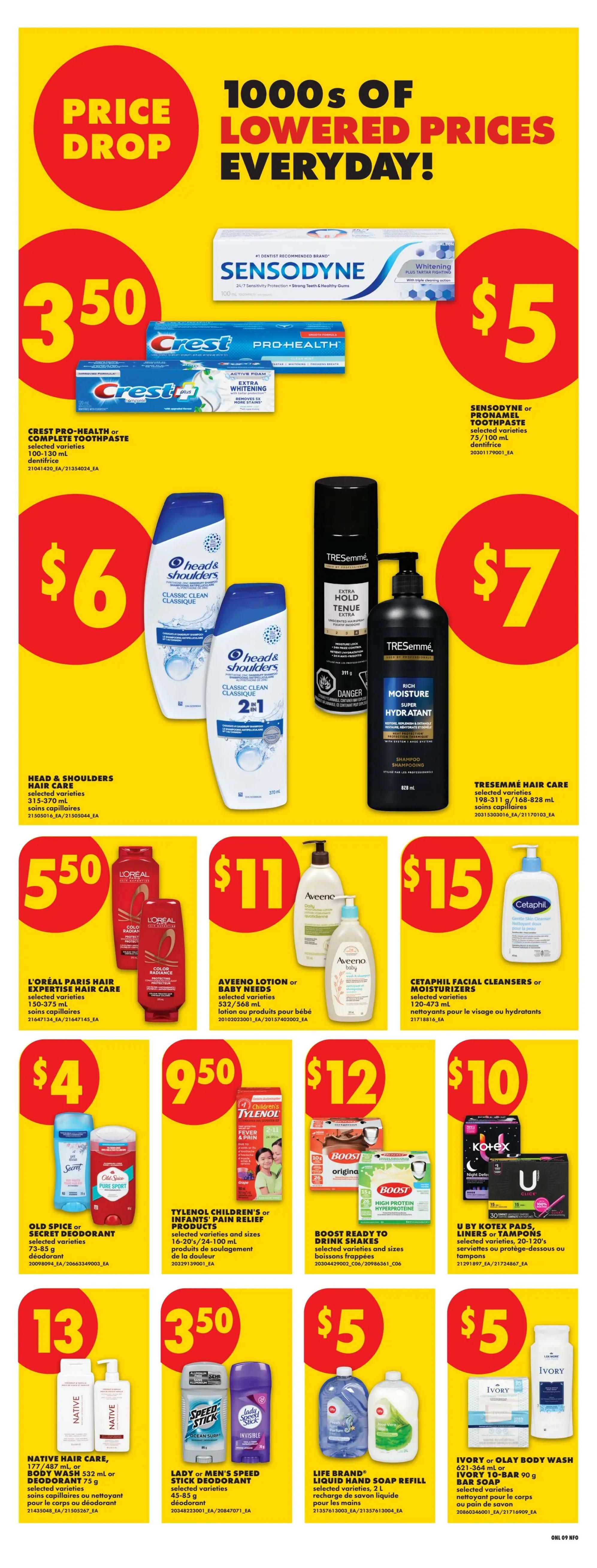 No Frills weekly flyer specials page 17 featuring a 'Price Drop' section with Sensodyne or Pronamel toothpaste for $5, Crest Pro-Health or Complete toothpaste for $3.50, Head & Shoulders hair care for $6, and TRESemmé hair care for $7. Additional offers include L'Oréal Paris hair care for $5.50, Aveeno lotion or baby needs for $11, and Cetaphil facial cleansers or moisturizers for $15. Also featured are Old Spice or Secret deodorant for $4, Tylenol Children's or Infants' pain relief products for $9.50, Boost Ready to Drink shakes for $12, and U by Kotex pads, liners, or tampons for $10. The bottom row shows Native hair care or body wash for $13, Lady or Men's Speed Stick deodorant for $3.50, Life Brand liquid hand soap refill for $5, and Ivory or Olay body wash or Ivory bar soap for $5.