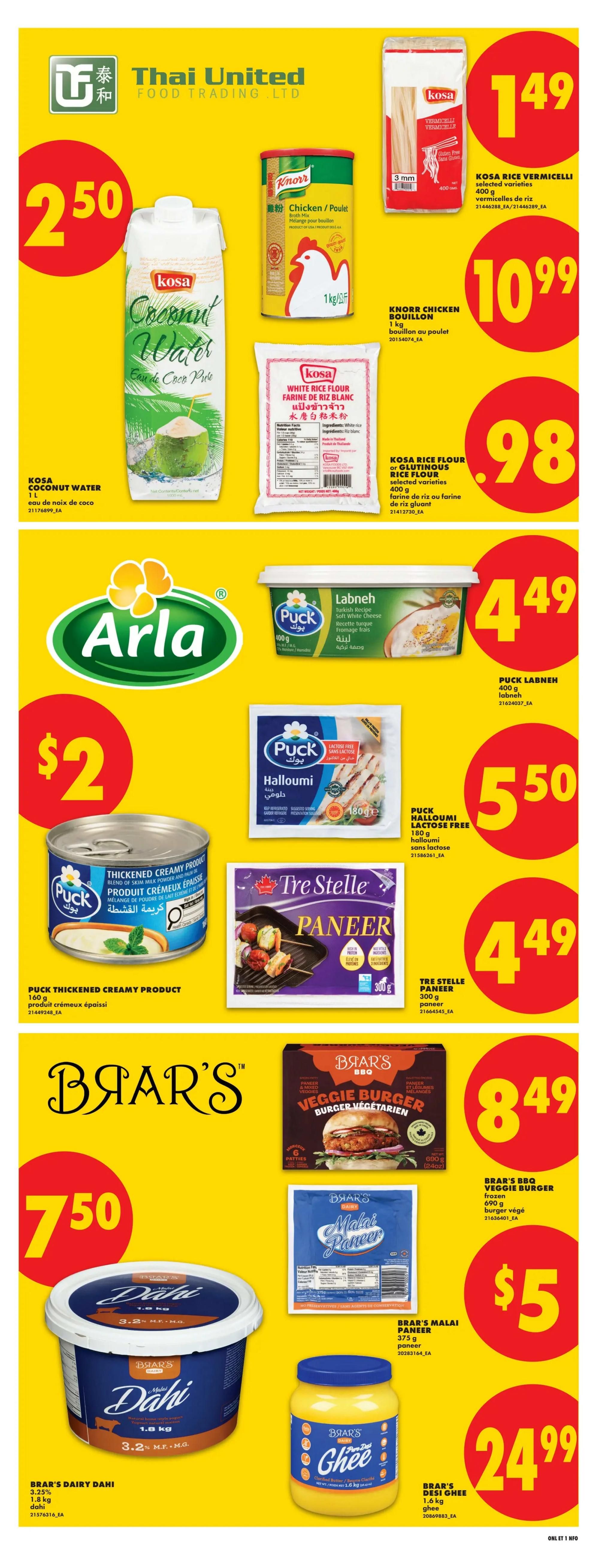No Frills Ontario weekly flyer specials, page 21. Featured products include Kosa Coconut Water for $2.50, Kosa Rice Vermicelli for $1.49, Knorr Chicken Bouillon 1 kg for $10.99, Kosa Rice Flour or Glutenous Rice Flour 400 g for $0.98, Puck Thickened Creamy Product 160 g for $2, Puck Labneh 400 g for $4.49, Puck Halloumi Lactose Free 180 g for $5.50, Tre Stelle Paneer 300 g for $4.49, Brar's Dairy Dahi 3.2% M.F. 1.8 kg for $7.50, Brar's BBQ Veggie Burger frozen 600 g for $8.49, Brar's Malai Paneer 375 g for $5, and Brar's Desi Ghee 1.6 kg for $24.99.