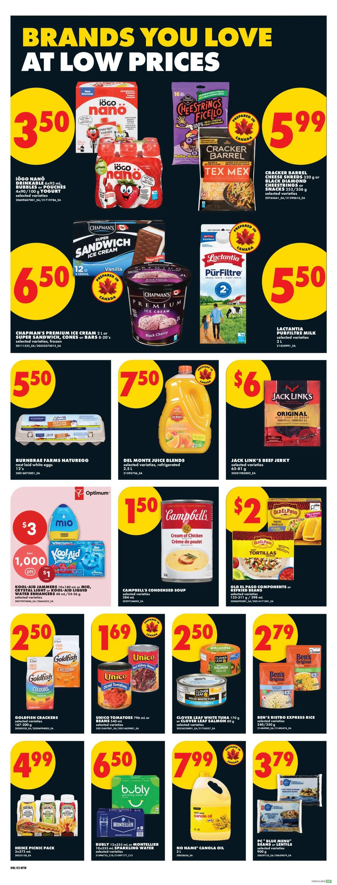 No Frills weekly flyer specials for Northern Ontario, page 8. Featured brands include iögo nano yogurt drinks for $3.50, Cheestrings Ficeilo and Cracker Barrel cheese for $5.99. Chapman's Premium ice cream or super sandwich cones are $6.50. Lactantia Pürfiltre milk is $5.50. Burnbrae Farms Naturegg nest laid white eggs are $5.50. Del Monte Juice Blends are $7.50. Jack Link's Beef Jerky is $6. Kool-Aid Jammers or Mio drinks, and Crystal Light or Kool-Aid liquid water enhancers are $3 with 1,000 Optimum points and $1 savings. Campbell's Condensed Soup is $1.50. Old El Paso taco shells or tortillas and refried beans are $2. Goldfish Crackers are $2.50. Unico Tomatoes are $1.69. Clover Leaf white tuna or salmon are $2.50. Ben's Bistro Express Rice is $2.79. Heinz Picnic Pack is $4.99. Bubly sparkling water or Montellier sparkling water are $6.50. No Name Canola Oil is $7.99. PC Blue Menu Beans or Lentils are $3.79.