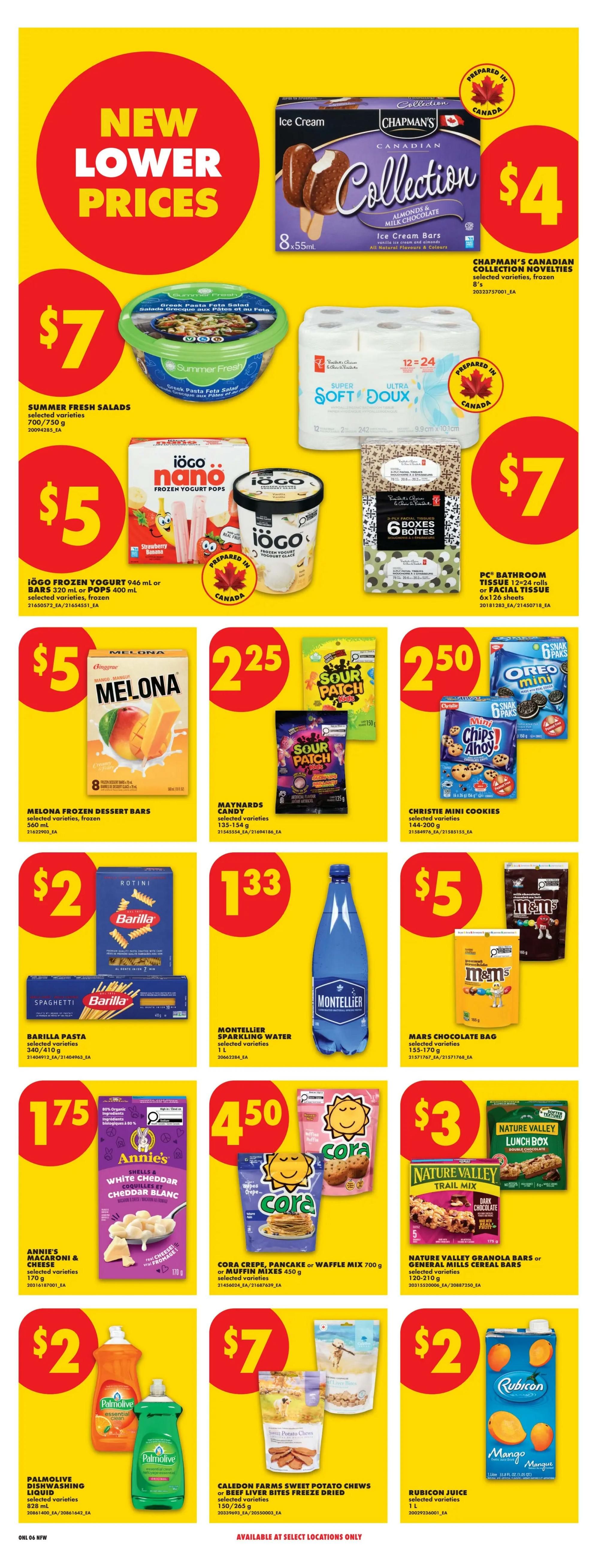 No Frills weekly flyer specials page 12 features new lower prices. Deals include Chapman's Canadian Collection Ice Cream Bars for $4, Summer Fresh Salads for $7, Iögo Frozen Yogurt 946 mL or Bars 320 mL for $5, and PC Bathroom Tissue 12-24 rolls for $7. Also featured are Melona Frozen Dessert Bars for $5, Maynards Candy 135-154 g for $2.25, Christie Mini Cookies 144-200 g for $2.50, Barilla Pasta 340/410 g for $2, Montellier Sparkling Water 1 L for $1.33, Mars Chocolate Bag 155-170 g for $5, Annie's Macaroni & Cheese 170 g for $1.75, Cora Crepe, Pancake or Waffle Mix 700 g or Muffin Mixes 450 g for $4.50, Nature Valley Granola Bars or General Mills Cereal Bars 120-210 g for $3, Caledon Farms Sweet Potato Chews or Beef Liver Bites Freeze Dried 150/265 g for $7, and Rubicon Juice 1 L for $2. Some items are available at select locations only.