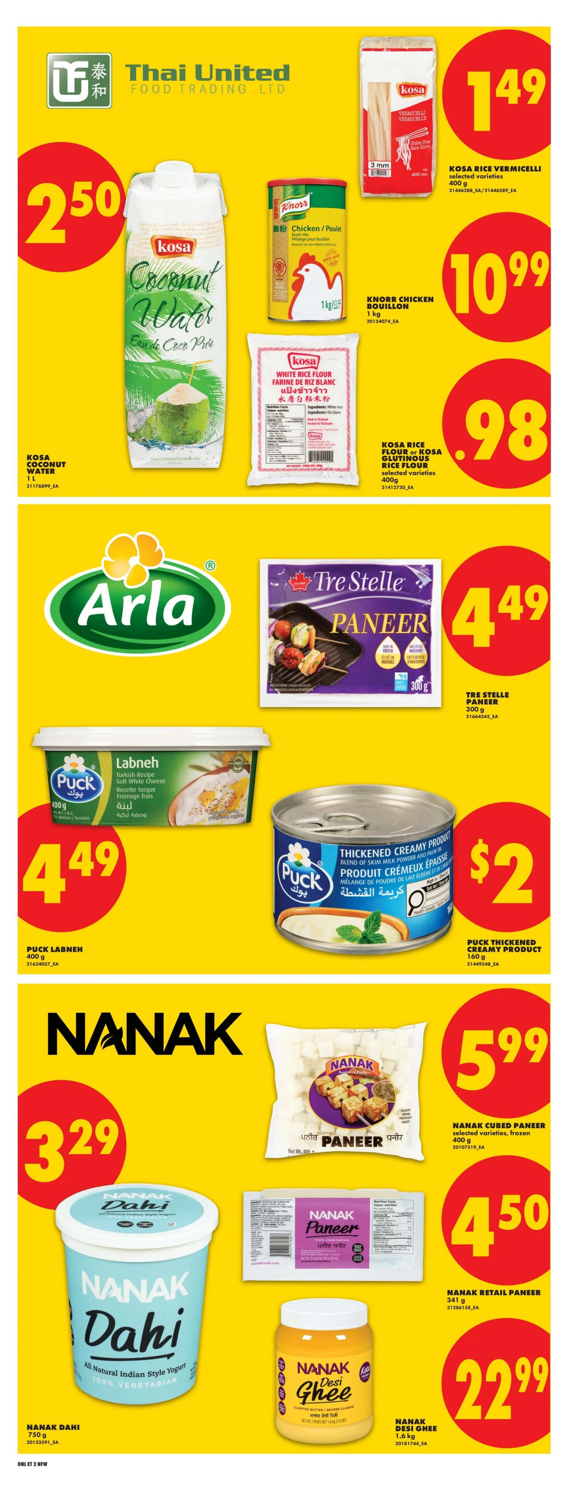 No Frills Weekly Flyer Specials page 19 features a variety of food products. Highlighted items include Kosa Coconut Water for $2.50, Kosa Rice Vermicelli for $1.49, Knorr Chicken Bouillon 1 kg for $10.99, and Kosa Rice Flour or Kosa Glutenex Rice Flour 400g for $0.98. Also featured is Tre Stelle Paneer 300g for $4.49. Puck Labneh Turkish Recipe Soft White Cheese 400g is priced at $4.49, and Puck Thickened Creamy Product 160g is $2. Nanak Dahi All Natural Indian Style Yogurt 750g is $3.29. Nanak Paneer selected varieties, frozen 400g is $5.99, and Nanak Retail Paneer 341g is $4.50. Finally, Nanak Desi Ghee 1.6 kg is available for $22.99.