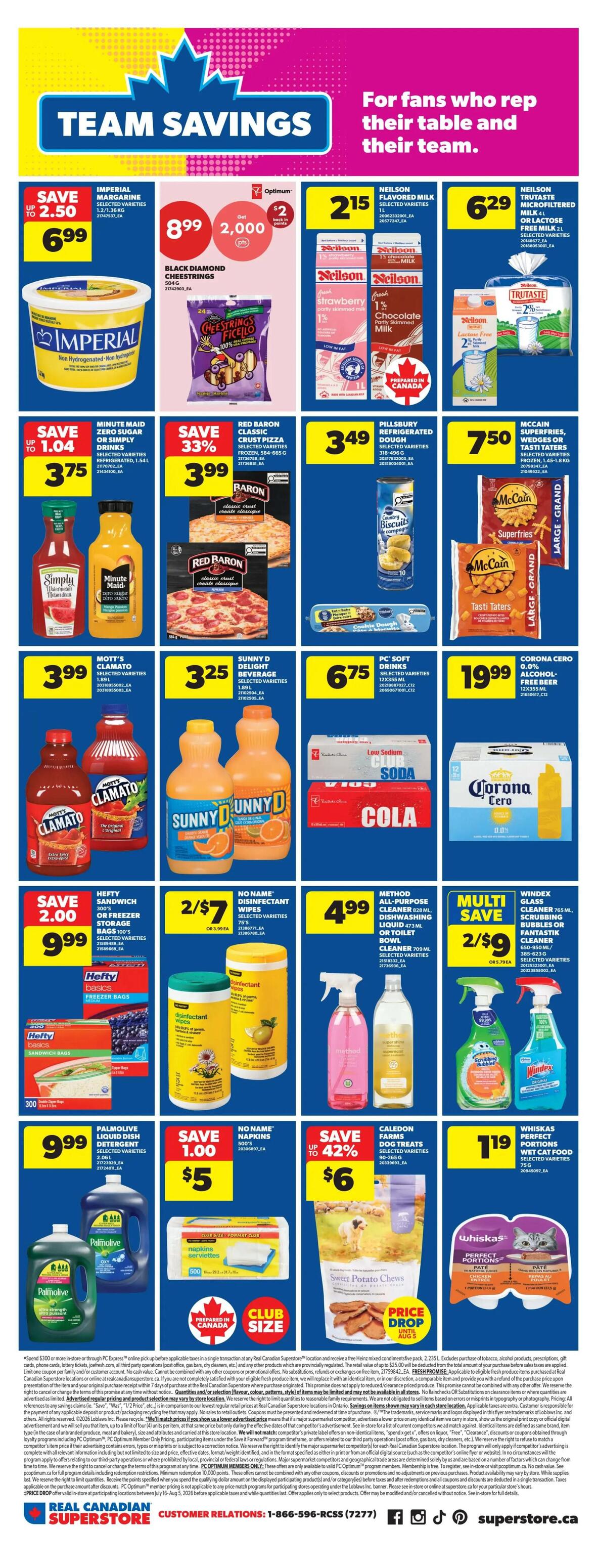 Page 23 of the Real Canadian Superstore flyer featuring 'Team Savings'. Offers include Imperial Margarine for $6.99, save up to $2.50. Black Diamond Cheese Strings for $8.99 with 2,000 PC Optimum points. Neilson Flavoured Milk for $2.15 and Neilson Trutaste Microfiltered Milk for $6.29. Simply Orange Juice or Simply Drinks for $3.75, save up to $1.04. Red Baron Classic Crust Pizza for $3.99, save 33%. Pillsbury Refrigerated Dough for $3.49. McCain Superfries, Wedges or Tasti Taters for $7.50. Mott's Clamato for $3.99. Sunny D Delight Beverage for $3.25. PC Soft Drinks for $6.75. Hefty Sandwich or Freezer Storage Bags for $9.99, save $2.00. No Name Disinfectant Wipes for 2 for $7. Method All-Purpose Cleaner or Dishwashing Liquid for $4.99. Multi Save on Windex Glass Cleaner, Scrubbing Bubbles or Fantastik for 2 for $9. Palmolive Liquid Dish Detergent for $9.99. No Name Napkins for $5, save $1.00. Caledon Farms Dog Treats for $6, save up to 42%. Whiskas Perfect Portions Wet Cat Food for $1.19.