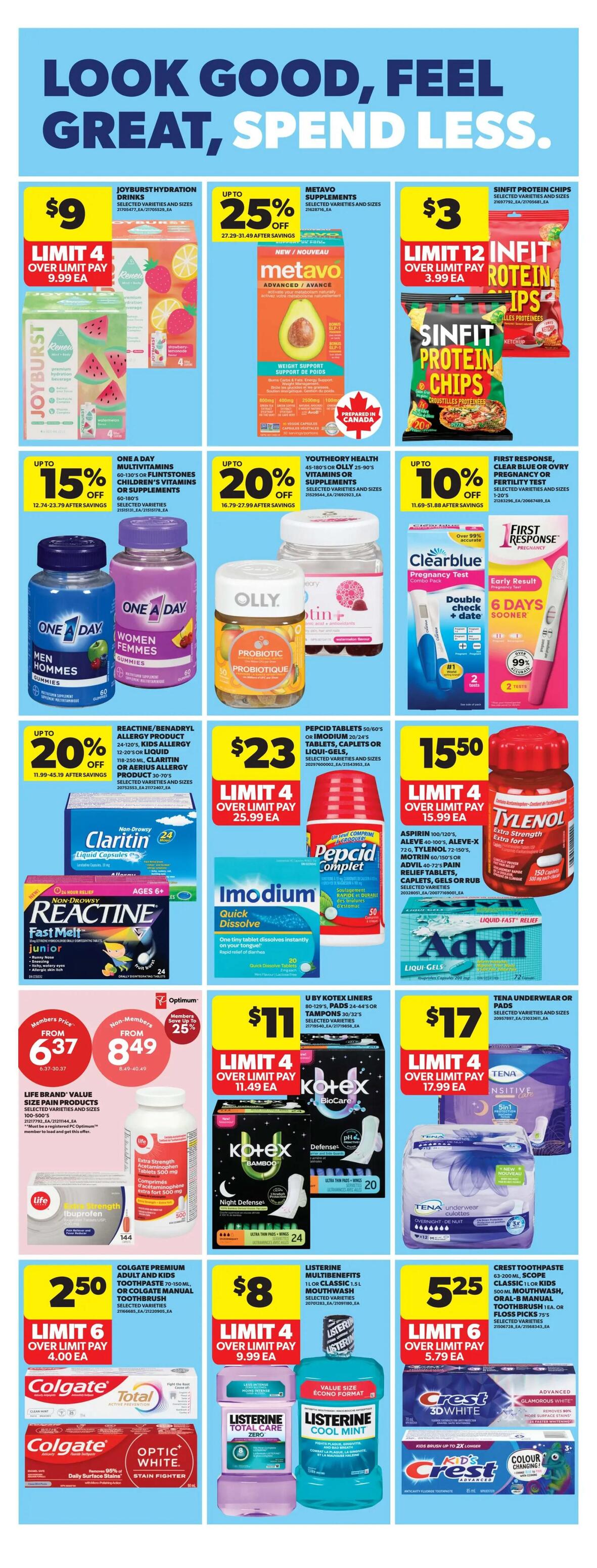 Real Canadian Superstore flyer page 31 features a variety of health and personal care products. Top row includes Joybirst Hydration Drinks for $9 (limit 4), Metavo Supplements up to 25% off, and SINFIT Protein Chips for $3 (limit 12). Mid-section offers One A Day Multivitamins and Flintstones Children's Vitamins up to 15% off, Youtheory Health Vitamins or Supplements up to 20% off, and First Response Pregnancy Tests up to 10% off. Also featured are Reactine/Benadryl Allergy products and Claritin for up to 20% off, Pepcid Tablets for $23 (limit 4), and Tylenol Extra Strength for $15.50 (limit 4). Further down, Life Brand Value Size Pain Products are on sale from $6.37 for members and $8.49 for non-members. Kotex Liners and Pads are $11 (limit 4), and Tena Underwear or Pads are $17 (limit 4). Bottom row showcases Colgate Premium Toothpaste or Manual Toothbrush for $2.50 (limit 6), Listerine Multibenefits or Classic Mouthwash for $8 (limit 4), and Crest Toothpaste and Floss Picks for $5.25 (limit 6).
