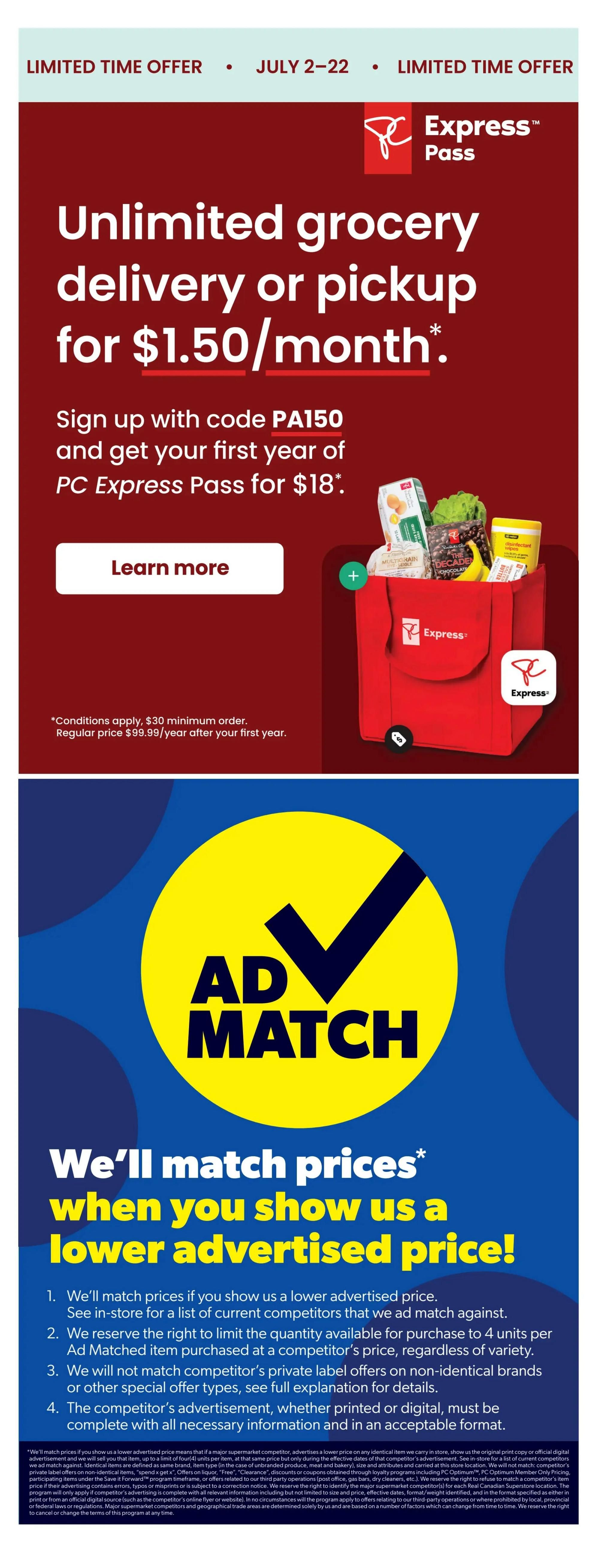 Real Canadian Superstore flyer page 39 features a limited-time offer for PC Express Pass, providing unlimited grocery delivery or pickup for $1.50/month. Sign up with code PA150 and get your first year of PC Express Pass for $18. Conditions apply, including a $30 minimum order and a regular price of $99.99/year after the first year. The page also highlights the 'Ad Match' guarantee, stating that Real Canadian Superstore will match lower advertised prices from competitors. Details of the Ad Match program are provided, including conditions on matching competitor's private label offers and the requirement for advertisement proof.