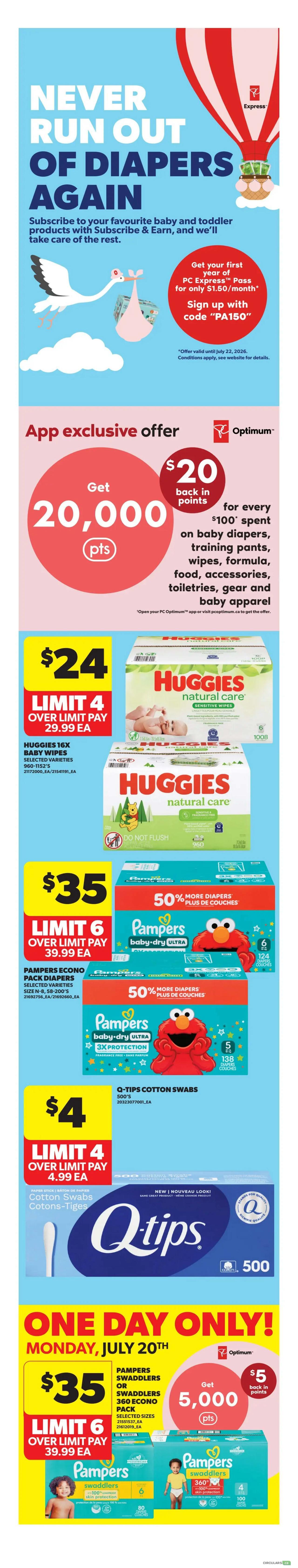 Real Canadian Superstore weekly flyer specials, page 5. Features an offer for PC Express Pass for $1.50/month with code 'PA150', valid until July 22, 2026. App exclusive offer: Get 20,000 PC Optimum points back for every $100 spent on baby diapers, training pants, wipes, formula, food, accessories, toiletries, gear, and baby apparel. Sale items include Huggies Natural Care baby wipes, 6 x 100s, for $24 with a limit of 4; Pampers Econo Pack diapers, selected varieties, size N-8, 58-200's, for $35 with a limit of 6. Also features Q-Tips Cotton Swabs, 500's, for $4 with a limit of 4. One Day Only! Monday, July 20th: Pampers Swaddlers or Swaddlers 360 Econo Pack diapers, selected sizes, for $35 with a limit of 6, and get 5,000 PC Optimum points back.